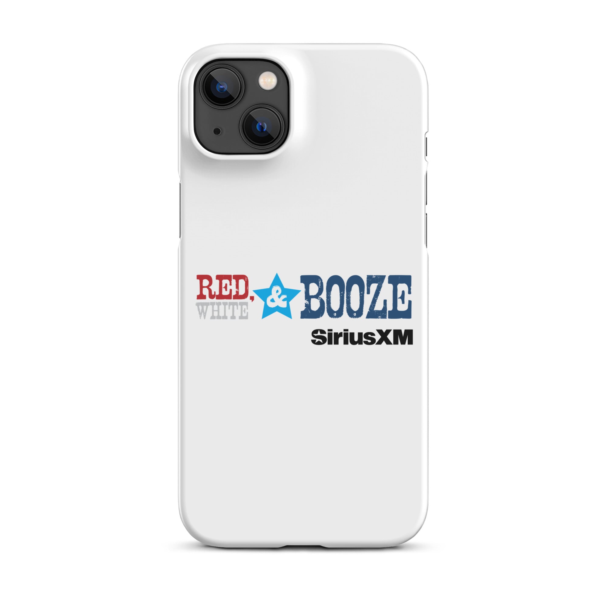 White phone case design with 'RED, WHITE & BOOZE' and 'SiriusXM' logos in red, blue, and black.