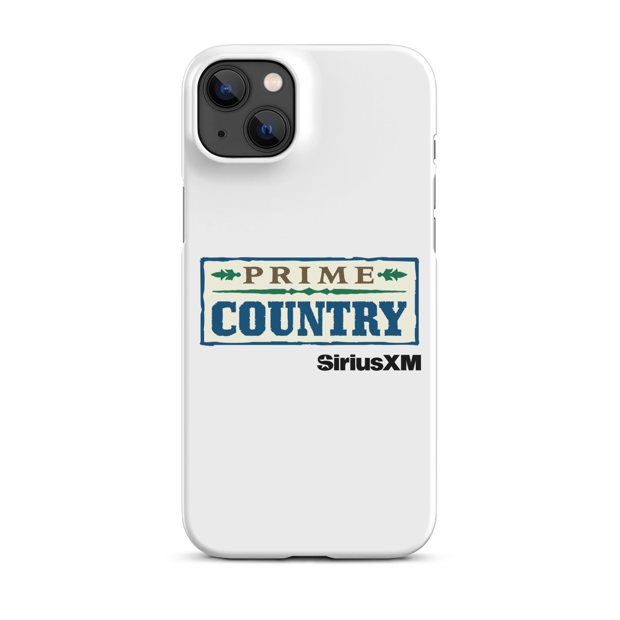 White phone case featuring the 'PRIME COUNTRY' logo and 'SiriusXM' branding.