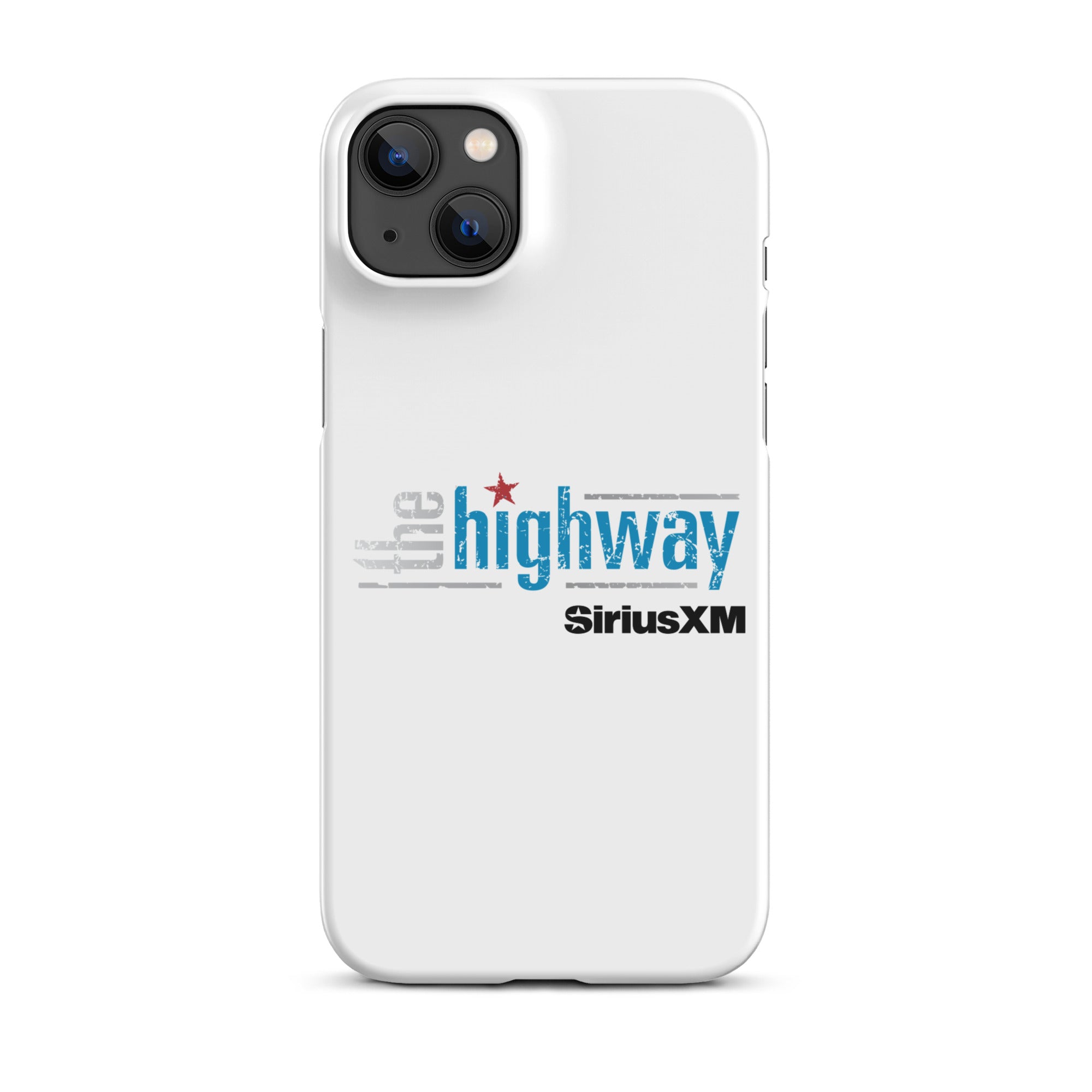 White phone case featuring 'the highway' and 'SiriusXM' logos in blue and black.