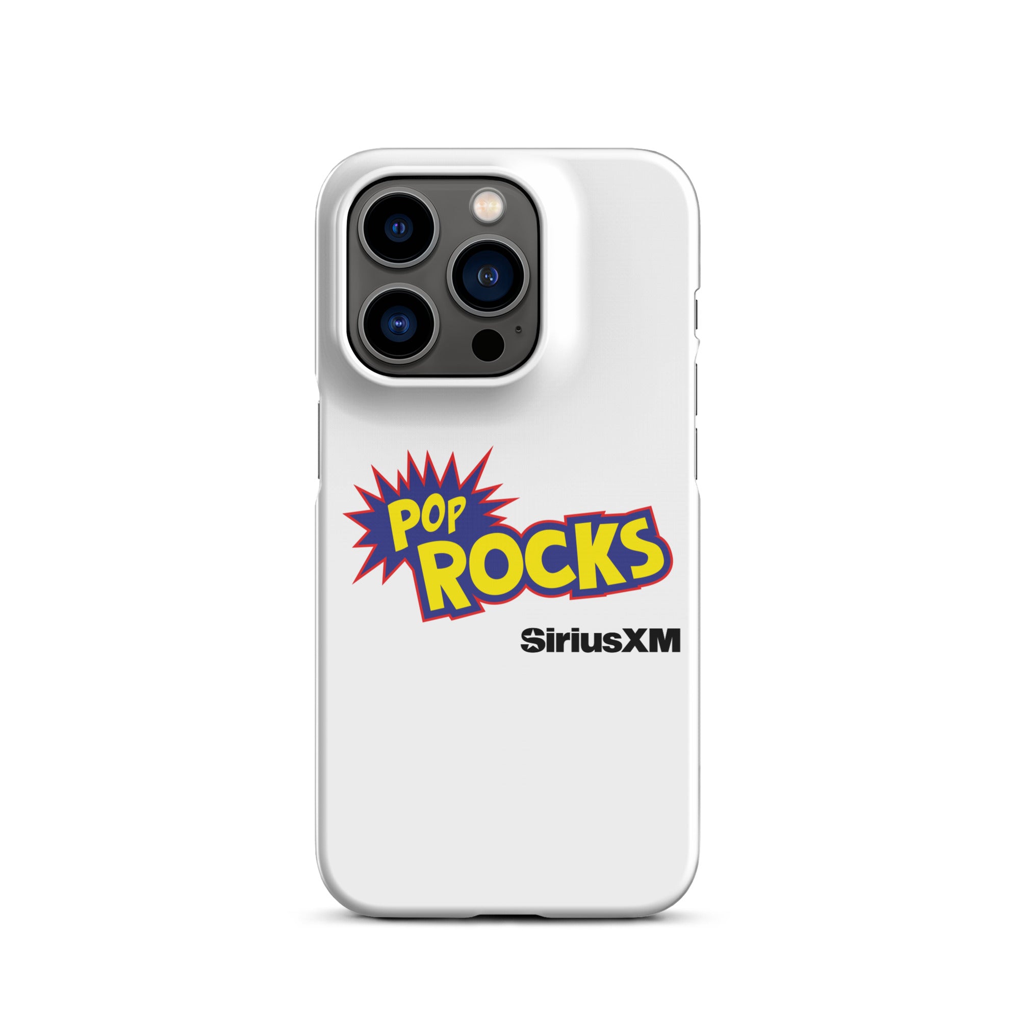 White phone case featuring 'POP ROCKS' logo with a burst design and 'SiriusXM' logo.