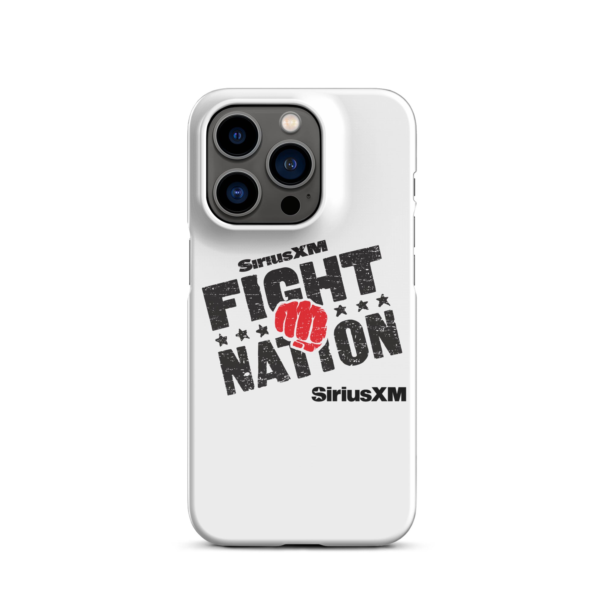 White phone case featuring 'SiriusXM FIGHT NATION' logo with a red fist and stars with 'SiriusXM' branding underneath.