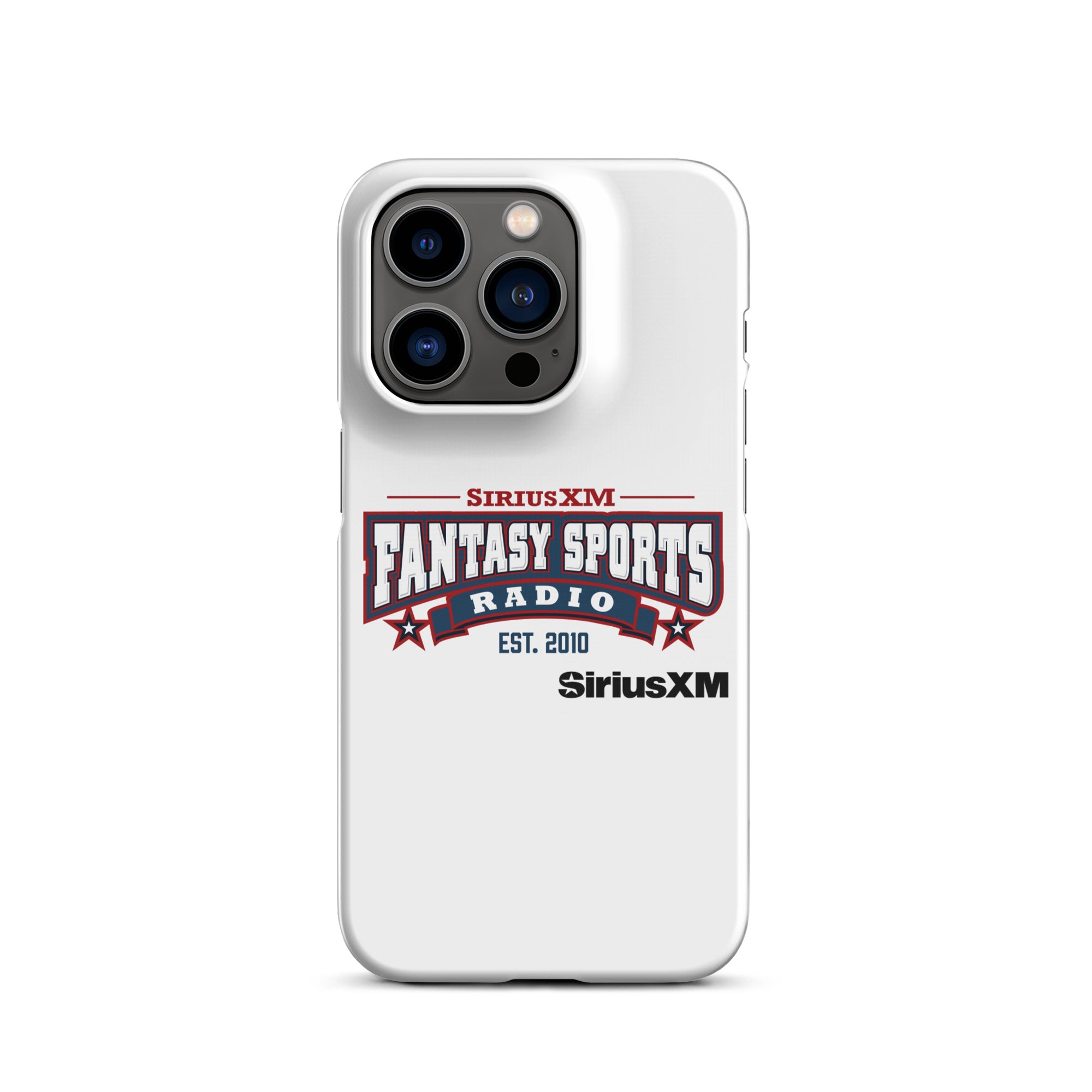White phone case featuring the 'SiriusXM Fantasy Sports Radio Established 2010' logo with stars, banners and black 'SiriusXM' branding underneath.