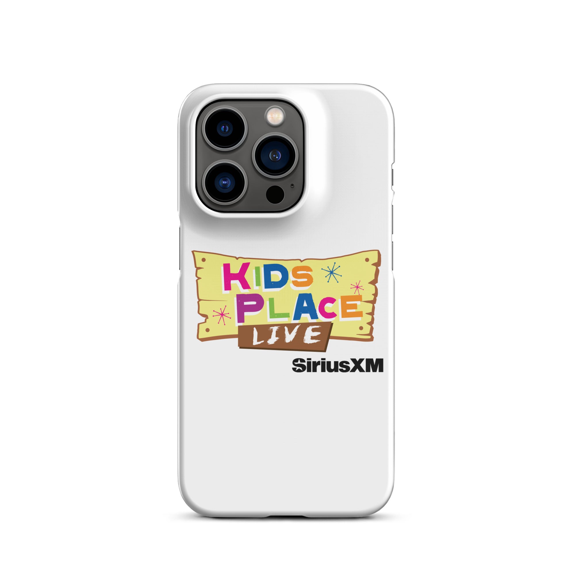 White phone case featuring 'KIDS PLACE LIVE' and 'SiriusXM' logos in colorful, playful design.