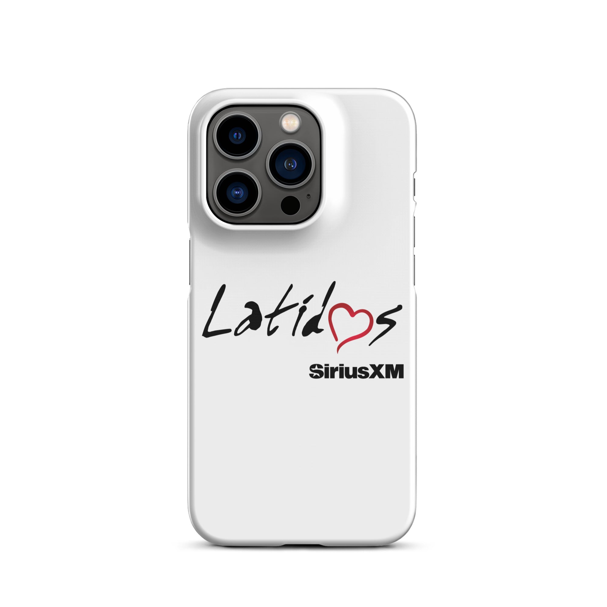 White phone case featuring the text 'Latidos' with a red heart and 'SiriusXM' logo.