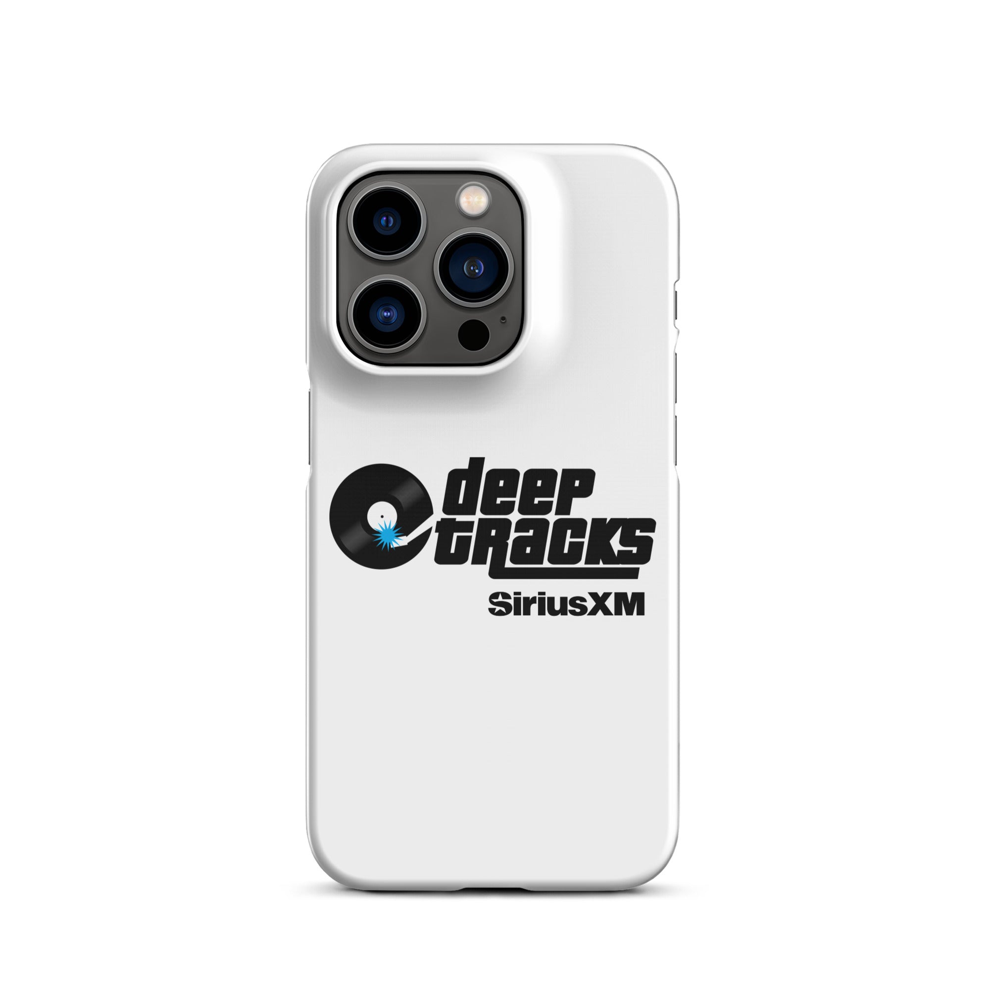 White phone case featuring 'deep TRACKS' and 'SiriusXM' logos with a vinyl record graphic.