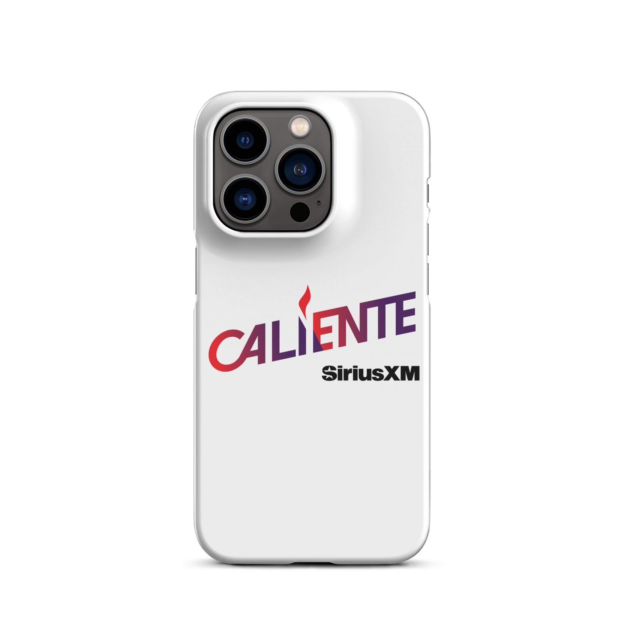 White phone case featuring 'CALIENTE' logo and 'SiriusXM' in bold lettering.