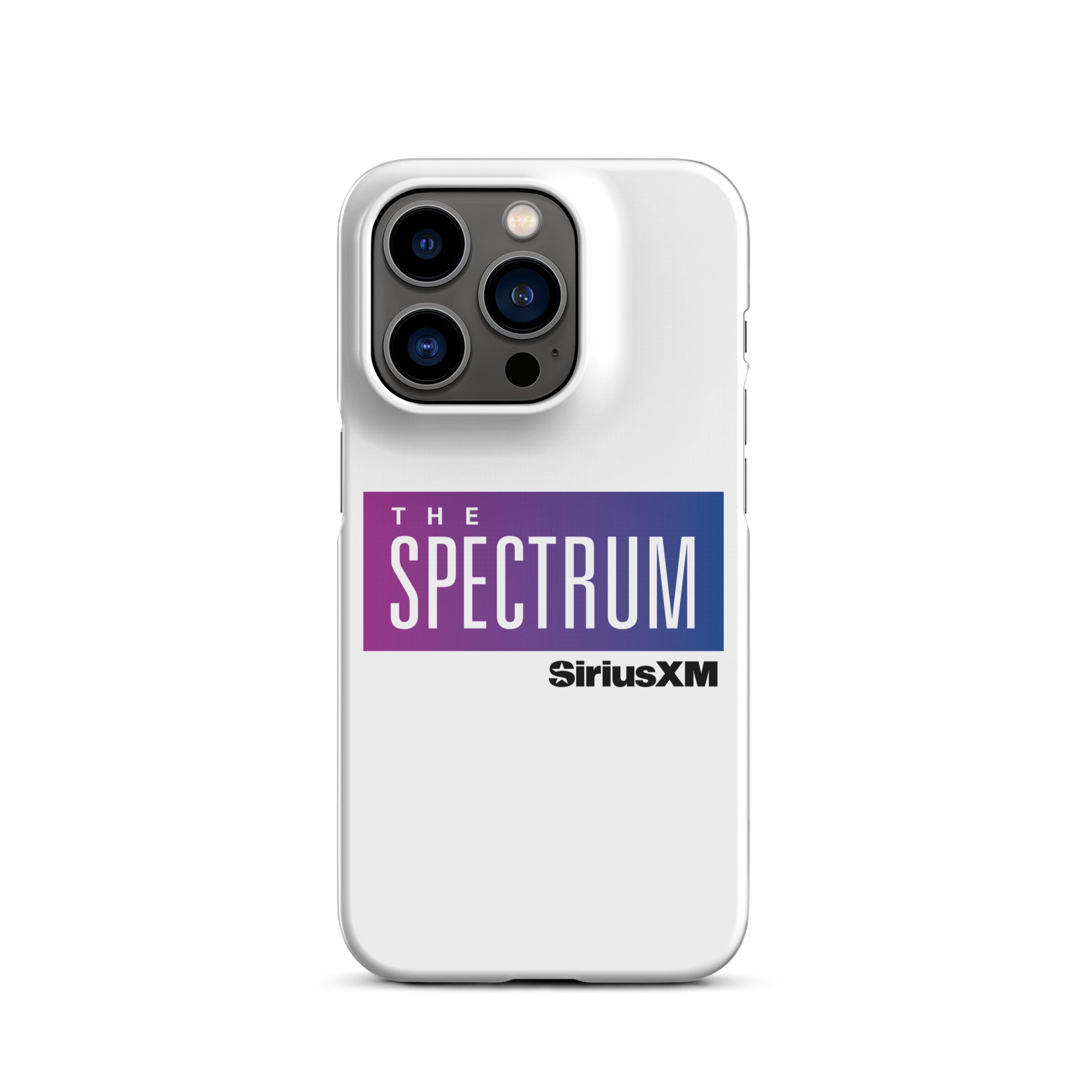 White phone case featuring 'THE SPECTRUM' logo  in gradient blue and purple.and 'SiriusXM' branding.