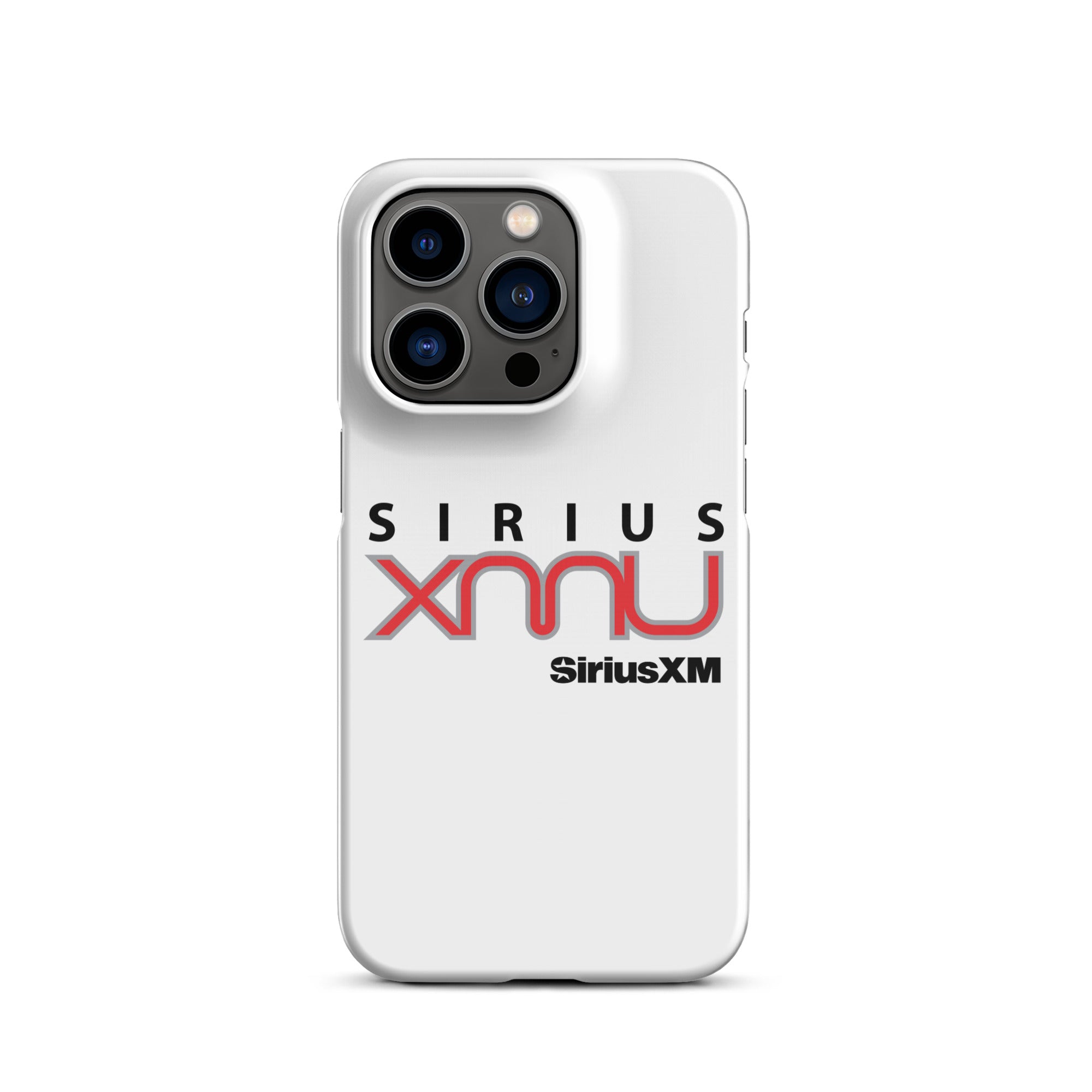 White phone case featuring the 'SiriusXM' logo with 'SIRIUS XMU' text in black and red.