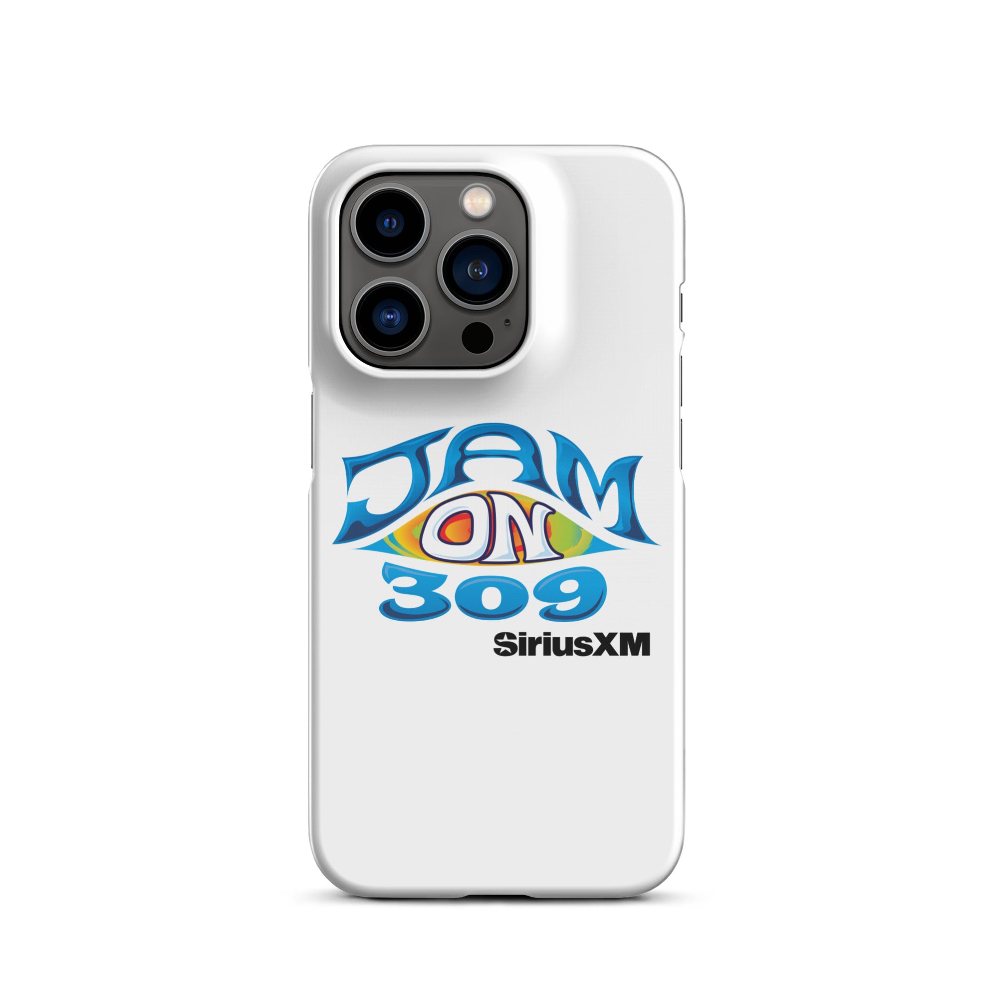 White phone case featuring the logo 'JAM ON 309' and 'SiriusXM' in colorful, stylized lettering.