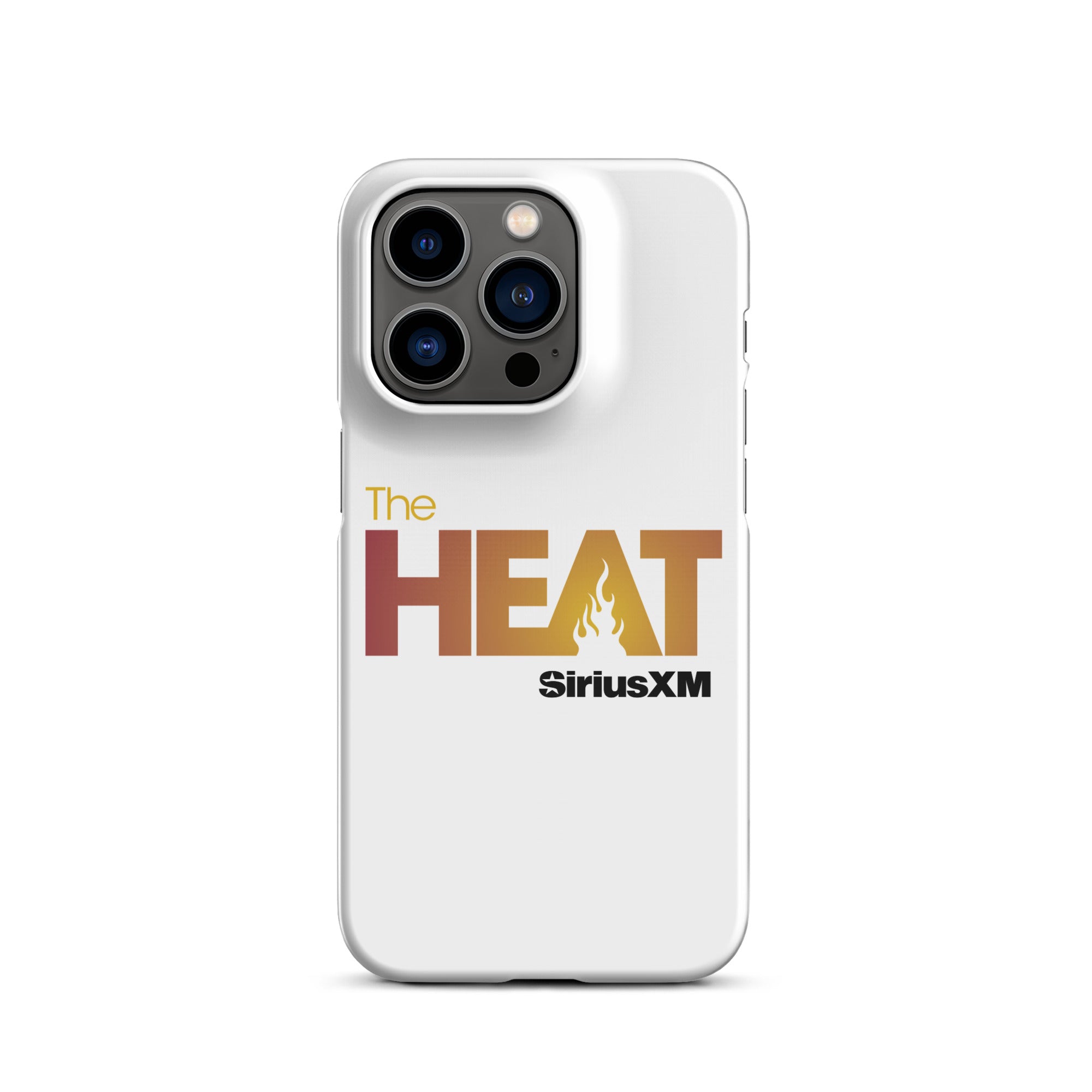 White phone case featuring 'The HEAT' text with a flame design and 'SiriusXM' logo.