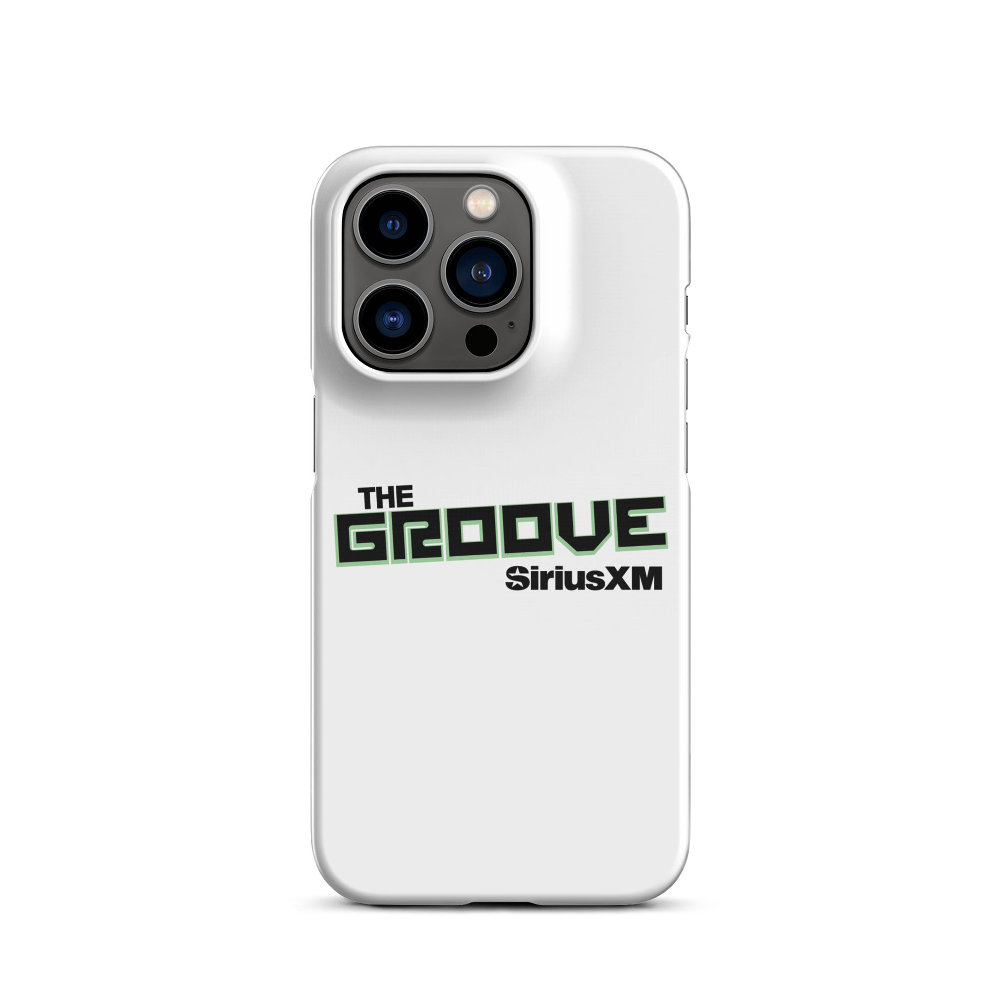 White phone case featuring 'THE GROOVE' and 'SiriusXM' logos in black and green.