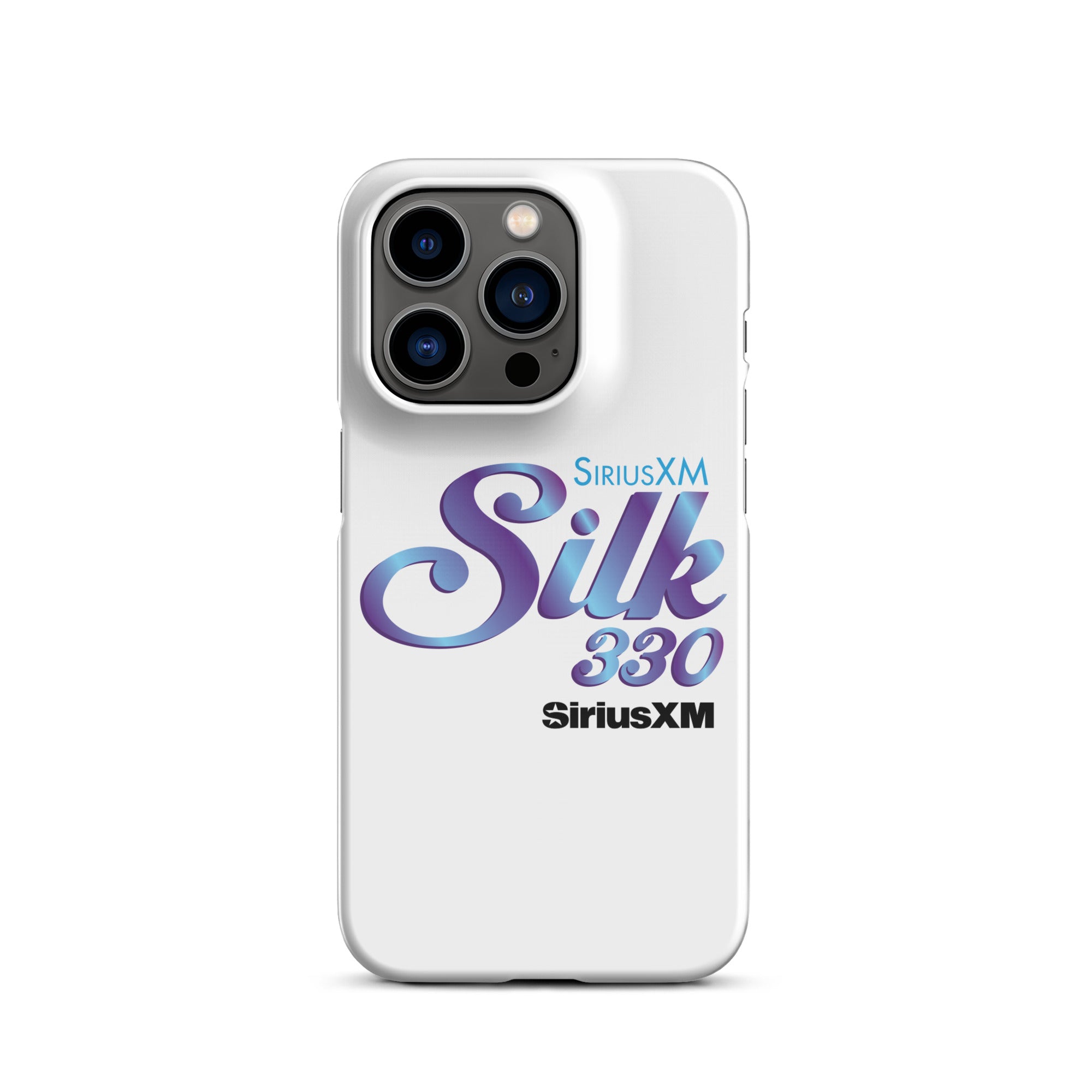 White smartphone case with 'SiriusXM Silk 330' logo in stylized purple and blue lettering and 'SiriusXM' branding.