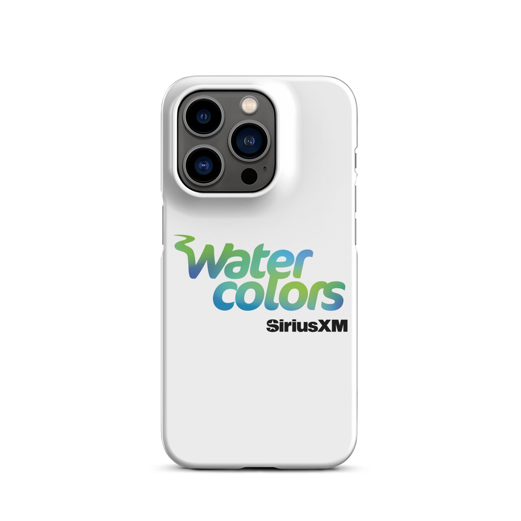 A white phone case featuring the 'Watercolors' logo and 'SiriusXM' branding.