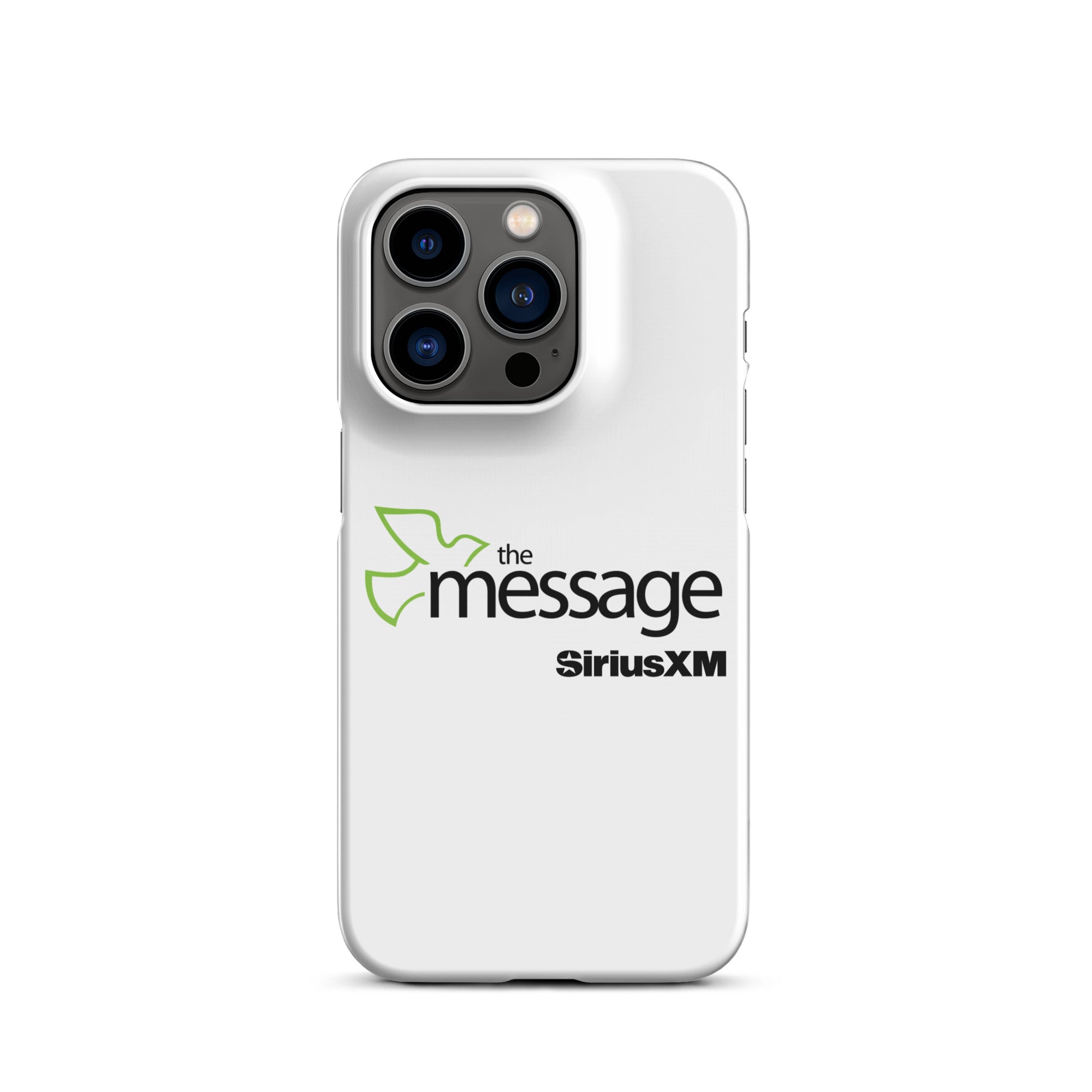 A white phone case featuring 'the message' logo with a green dove and 'SiriusXM' branding.