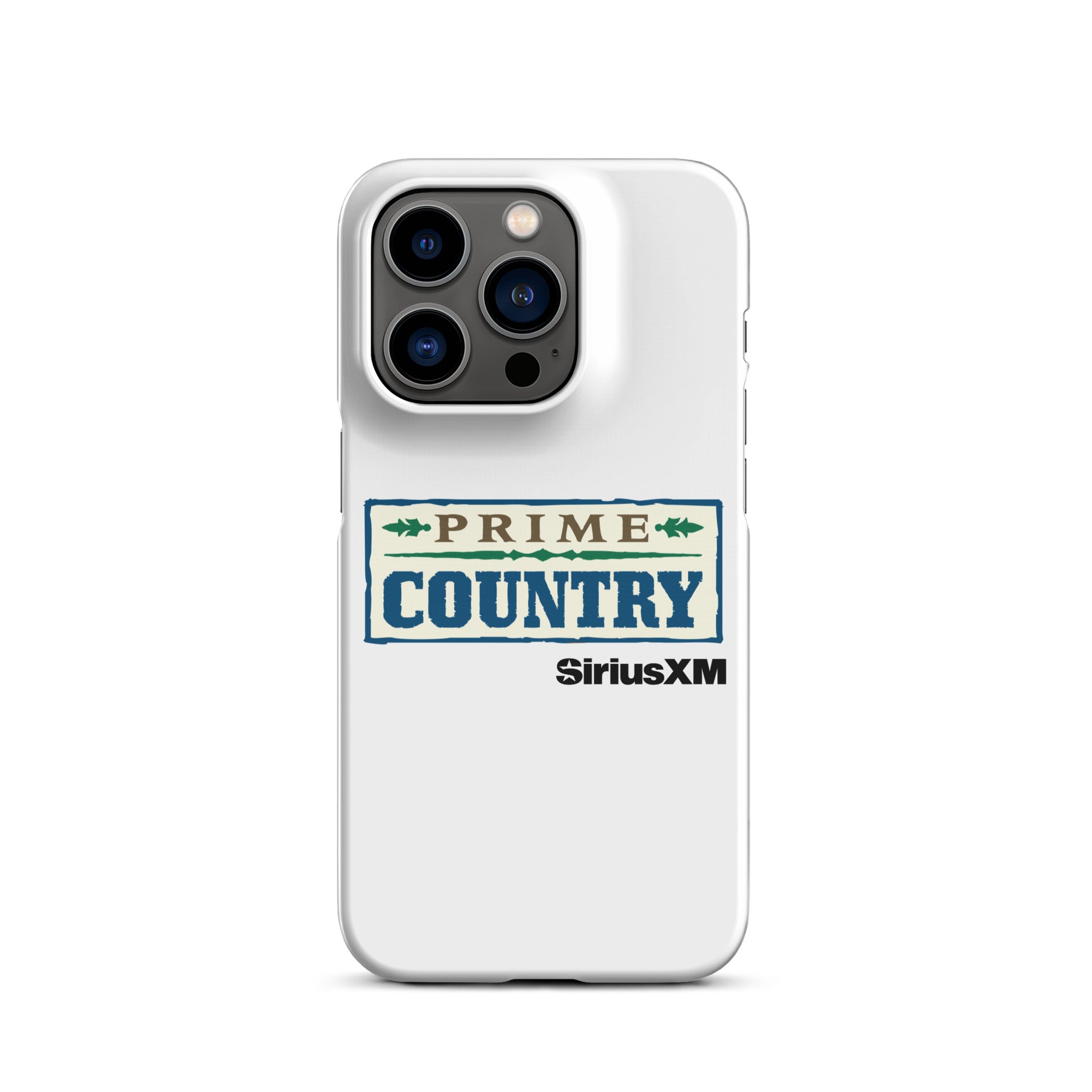 White phone case featuring the 'PRIME COUNTRY' logo and 'SiriusXM' branding.