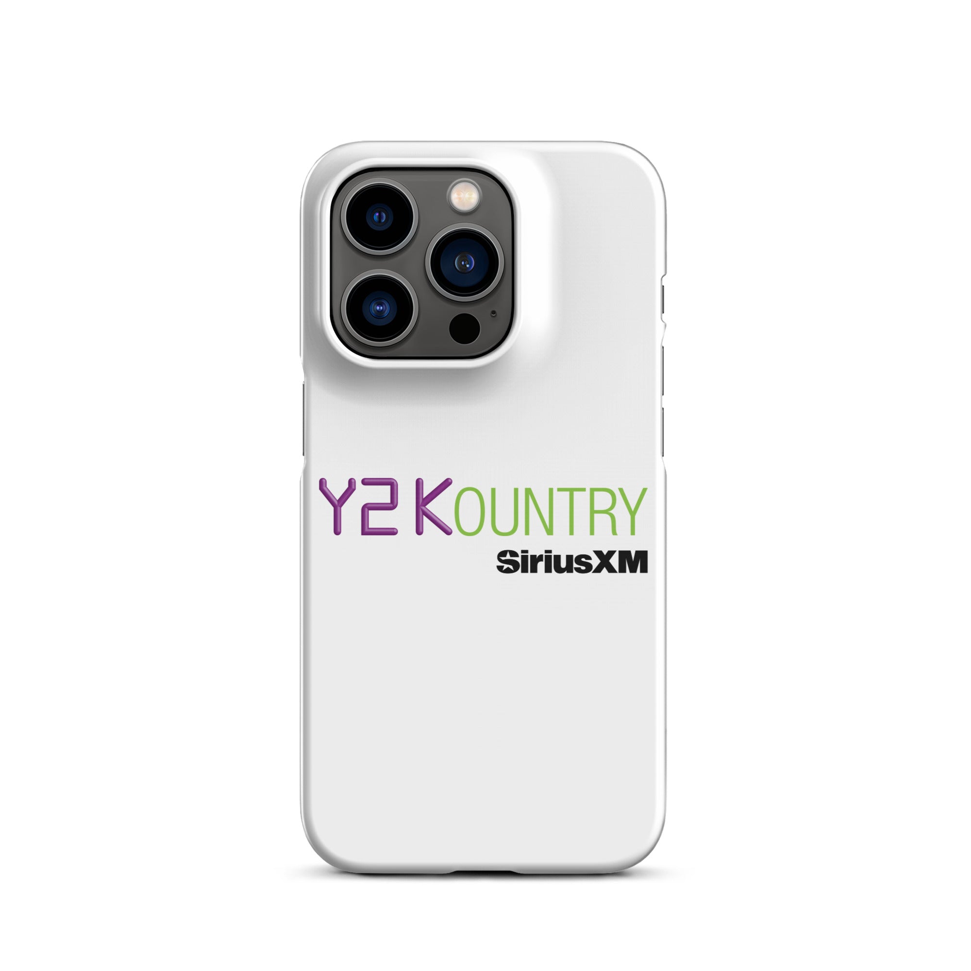 White phone case featuring the text 'Y2KOUNTRY' and 'SiriusXM' in purple and green.