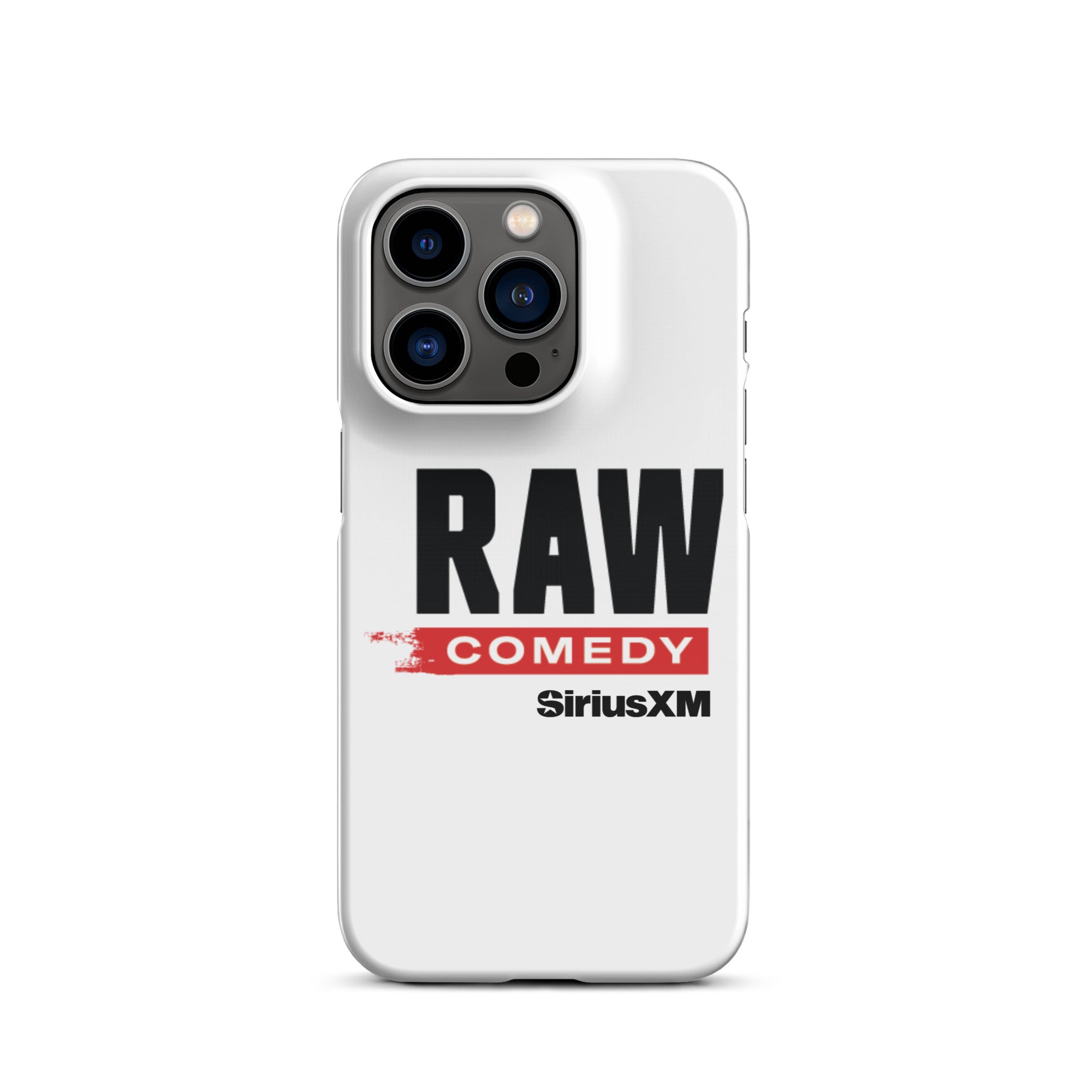 White phone case featuring the text 'RAW COMEDY' and the 'SiriusXM' logo.