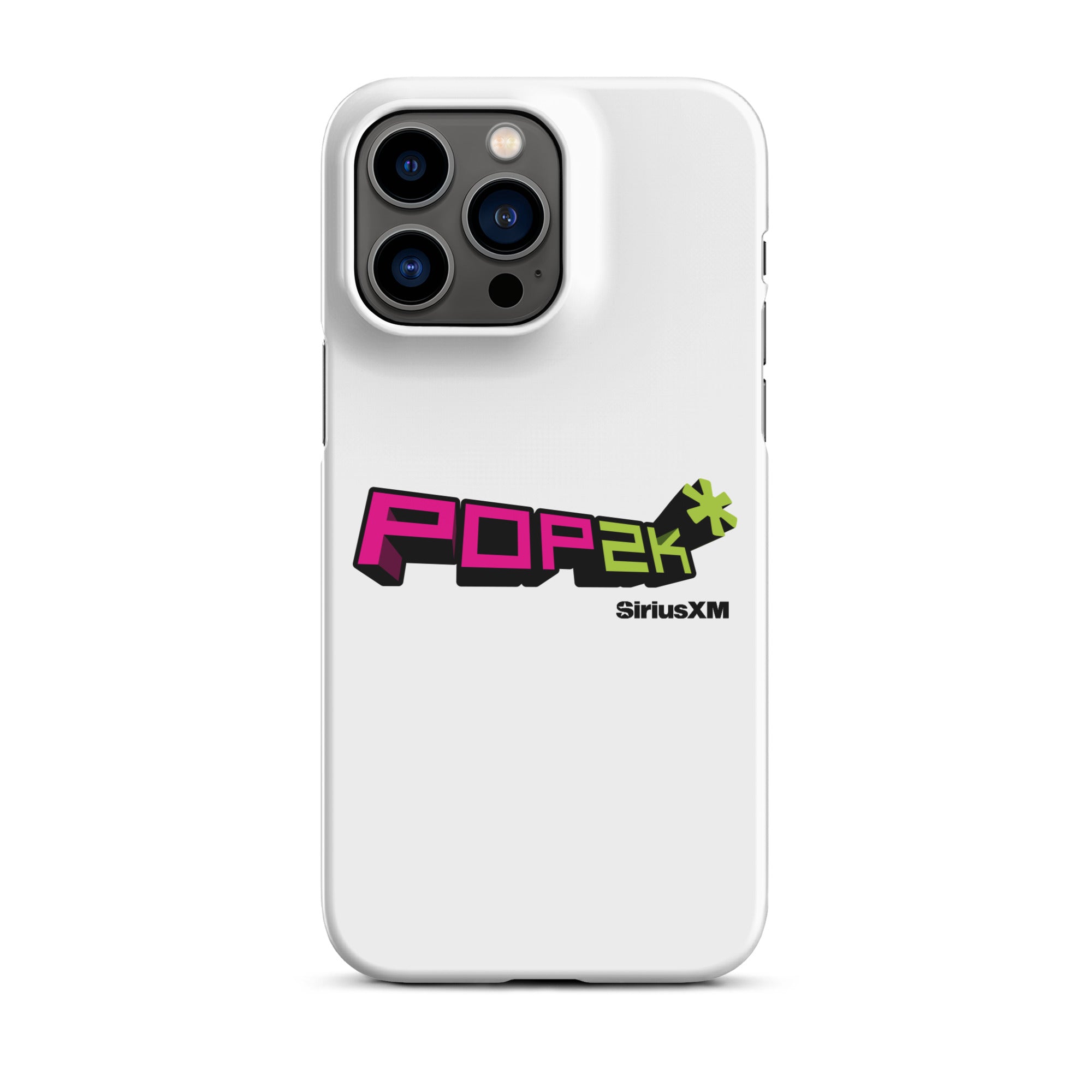 White phone case featuring the 'POP2K' logo in vibrant pink and green colors with 'SiriusXM' branding.