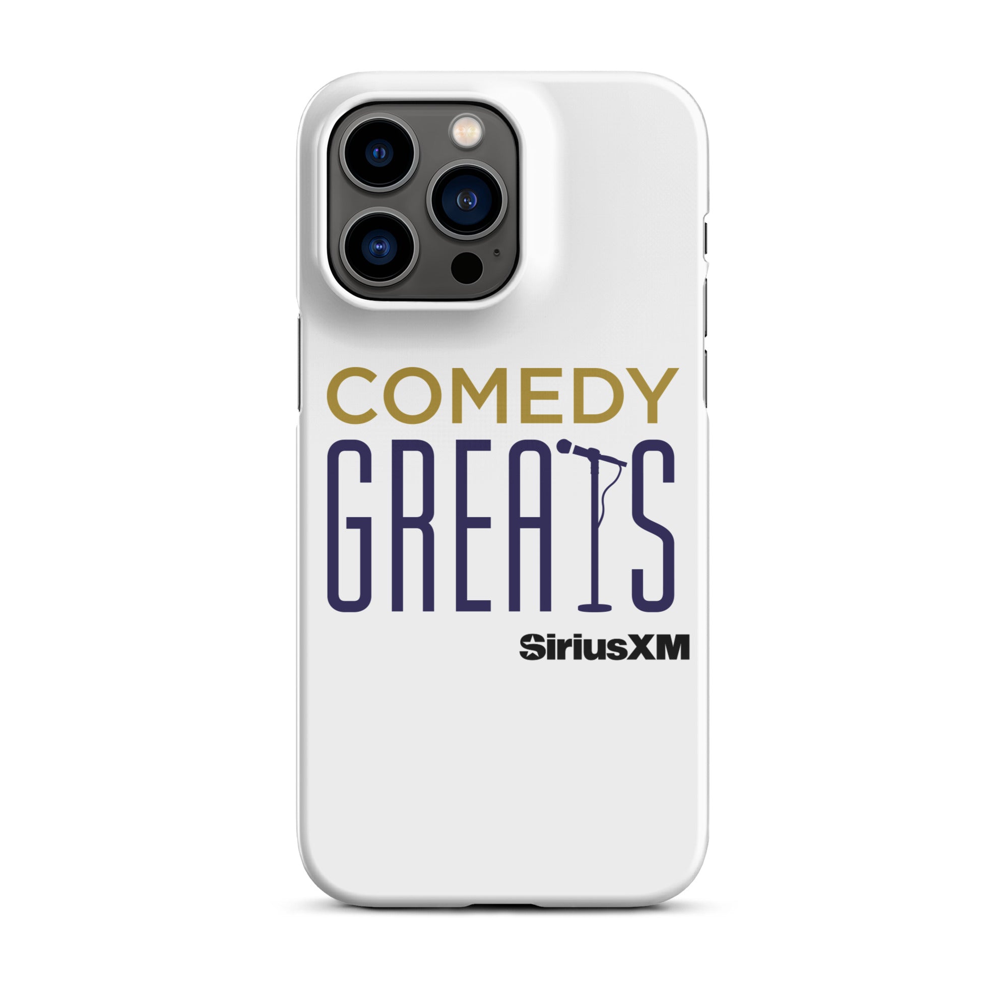White phone case featuring the text 'COMEDY GREATS' and the 'SiriusXM' logo.