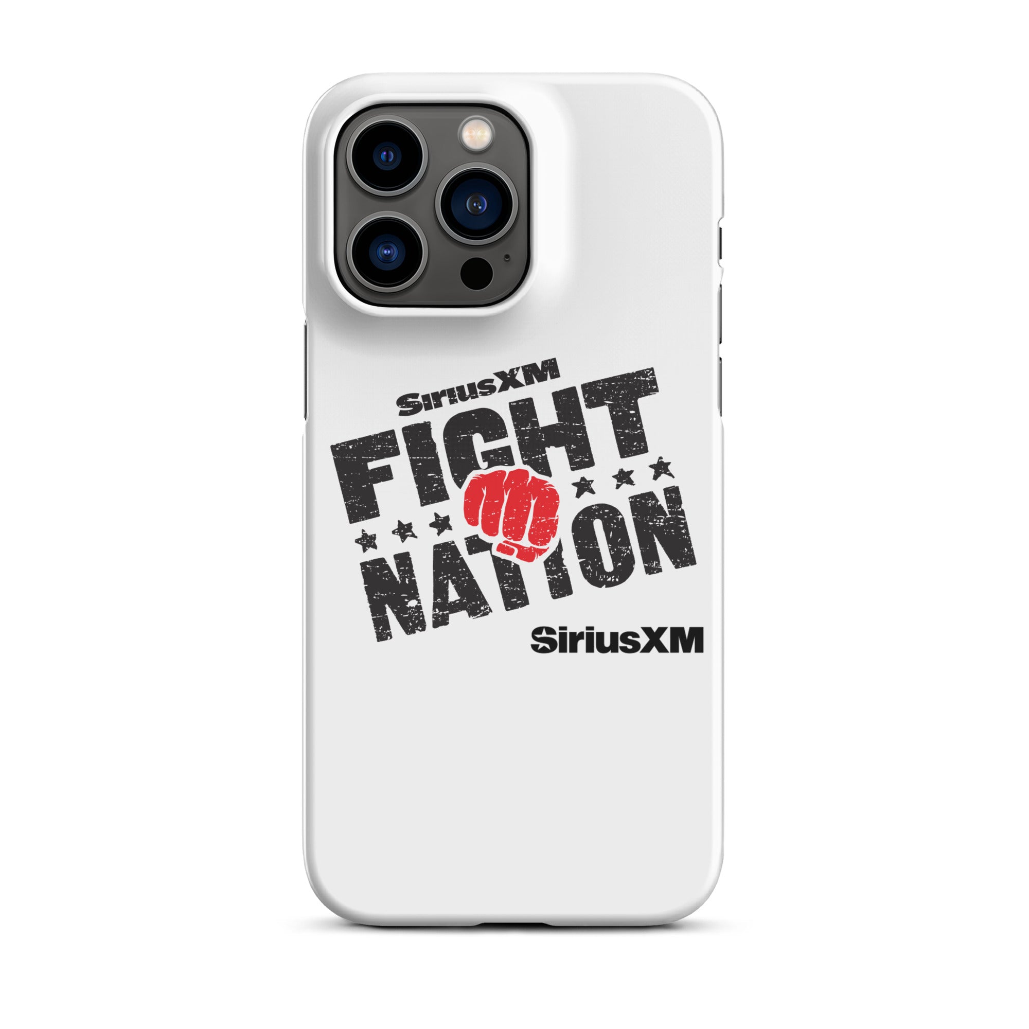 White phone case featuring 'SiriusXM FIGHT NATION' logo with a red fist and stars with 'SiriusXM' branding underneath.