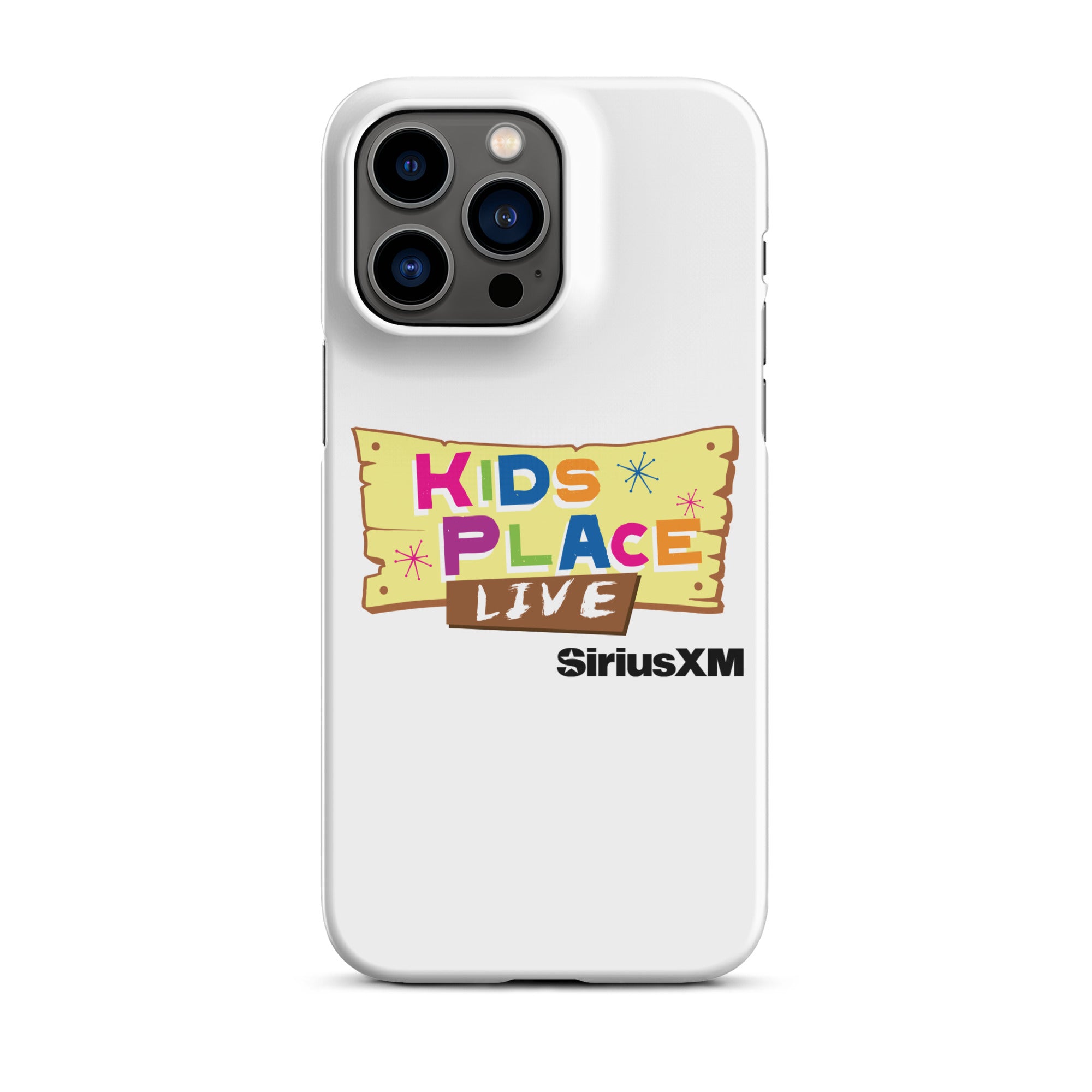 White phone case featuring 'KIDS PLACE LIVE' and 'SiriusXM' logos in colorful, playful design.