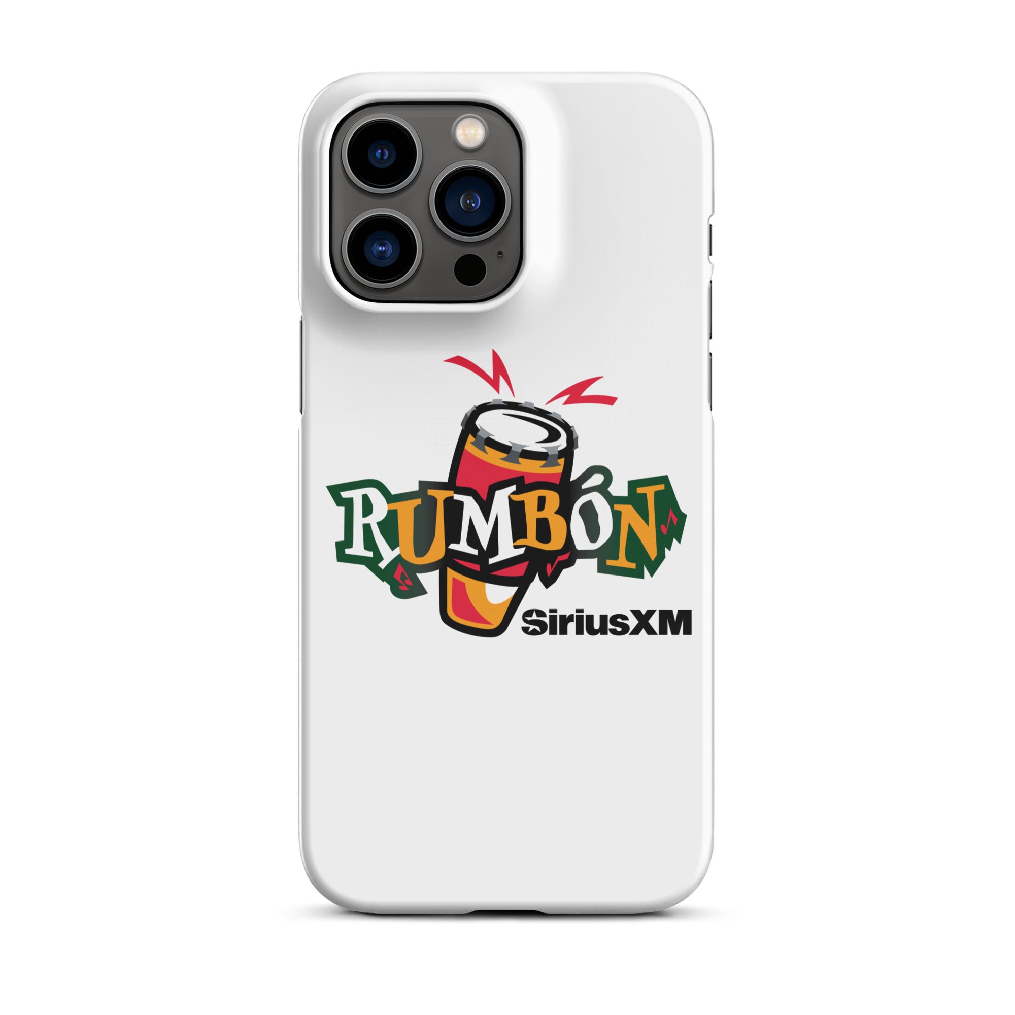White phone case featuring 'Rumbón' logo with a conga drum and 'SiriusXM' branding.