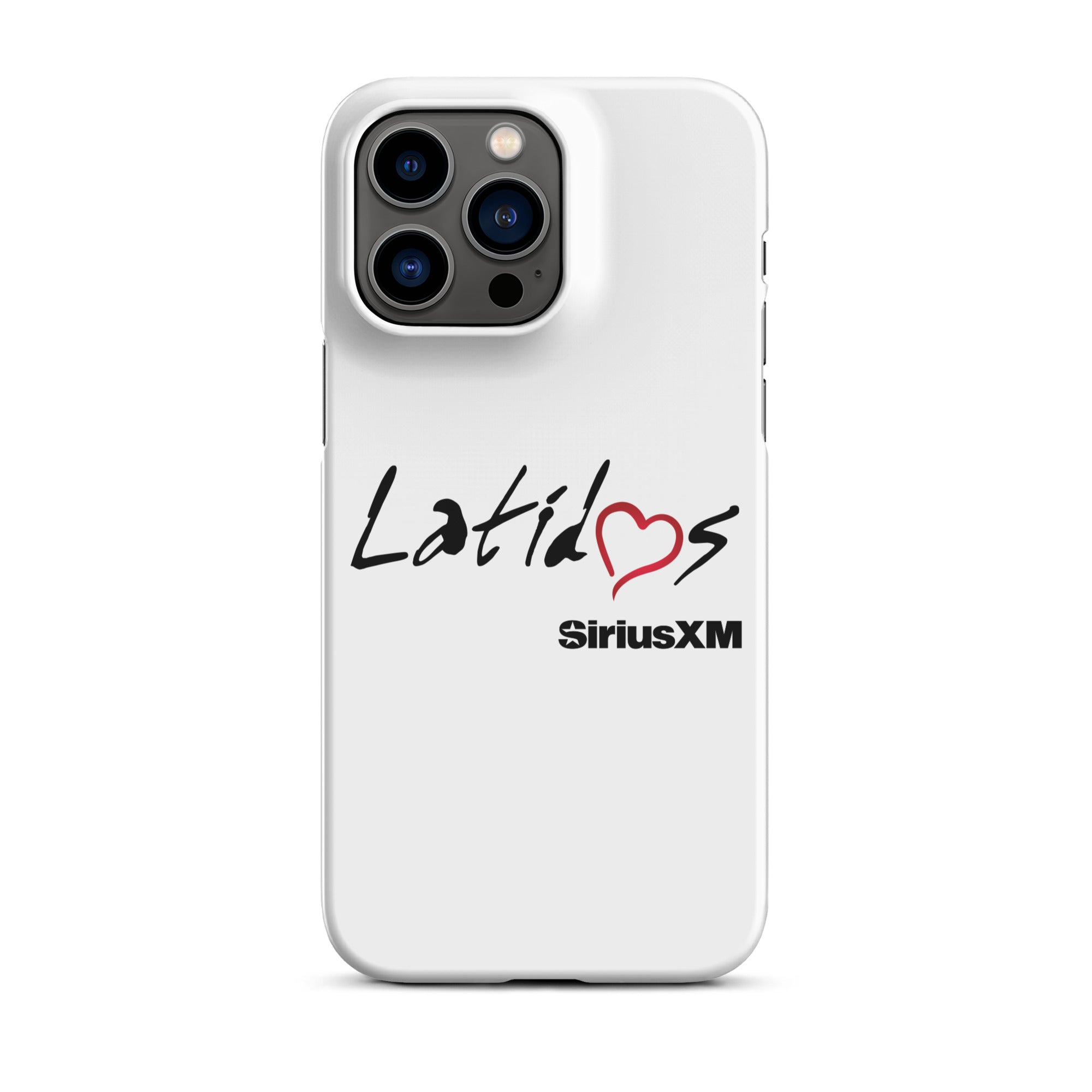 White phone case featuring the text 'Latidos' with a red heart and 'SiriusXM' logo.