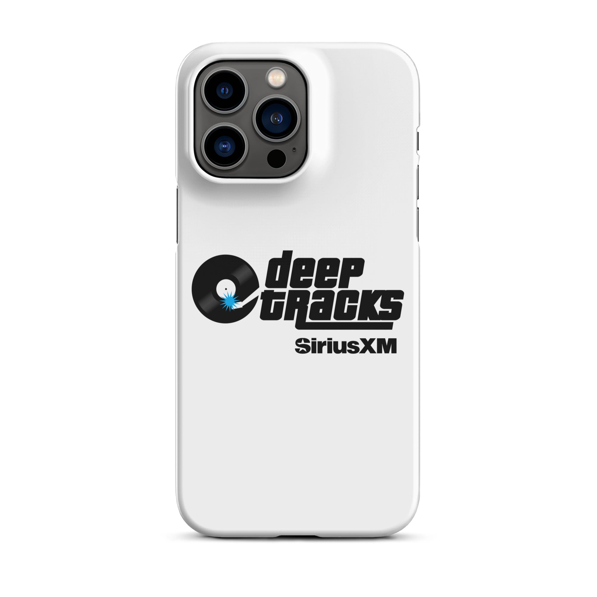 White phone case featuring 'deep TRACKS' and 'SiriusXM' logos with a vinyl record graphic.