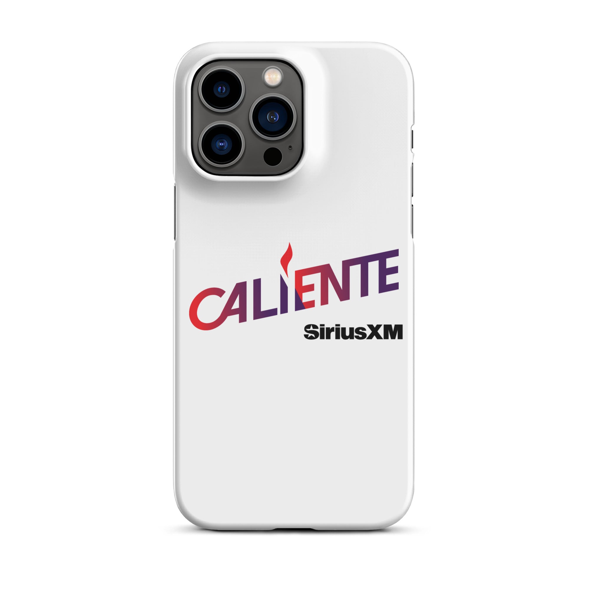 White phone case featuring 'CALIENTE' logo and 'SiriusXM' in bold lettering.