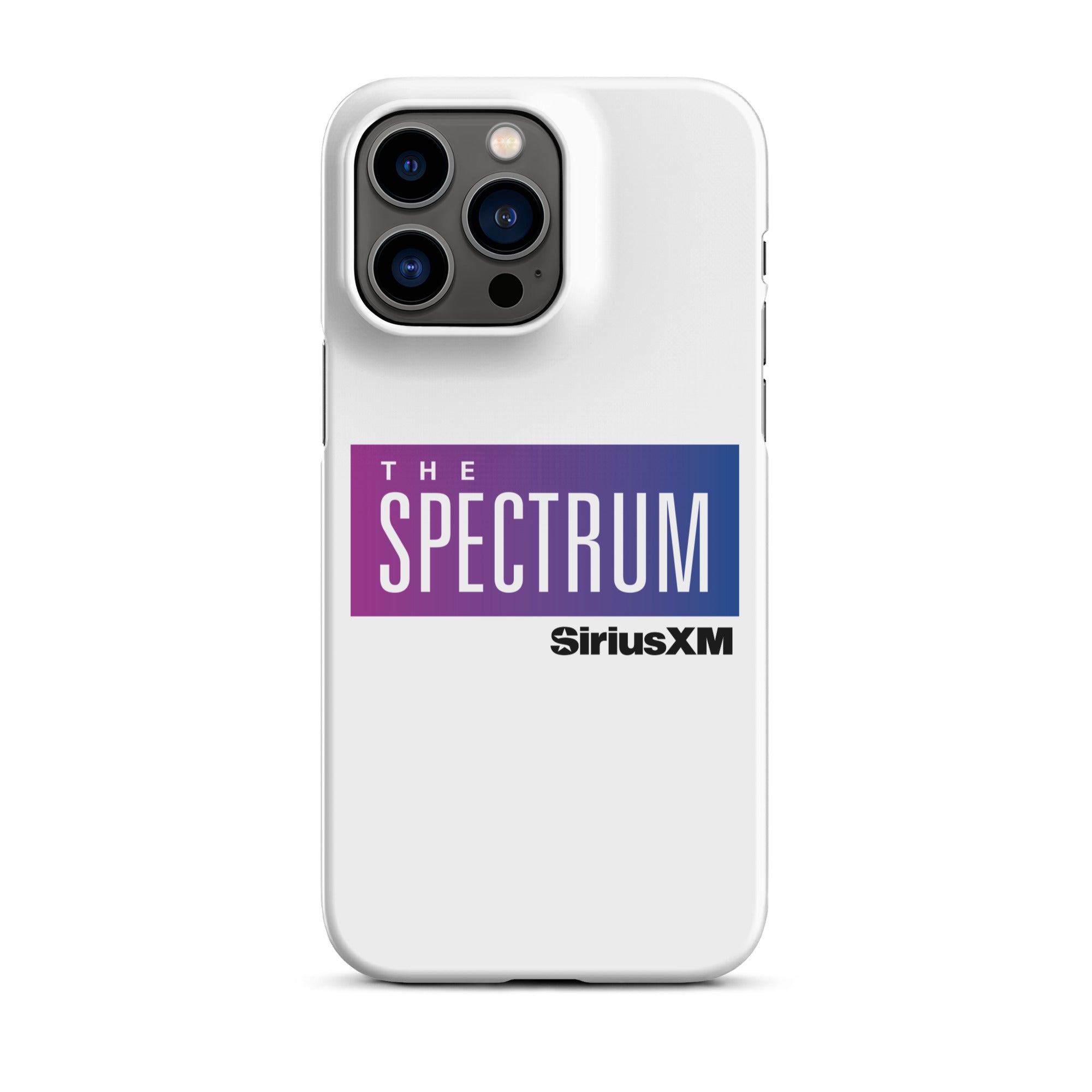 White phone case featuring 'THE SPECTRUM' logo  in gradient blue and purple.and 'SiriusXM' branding.