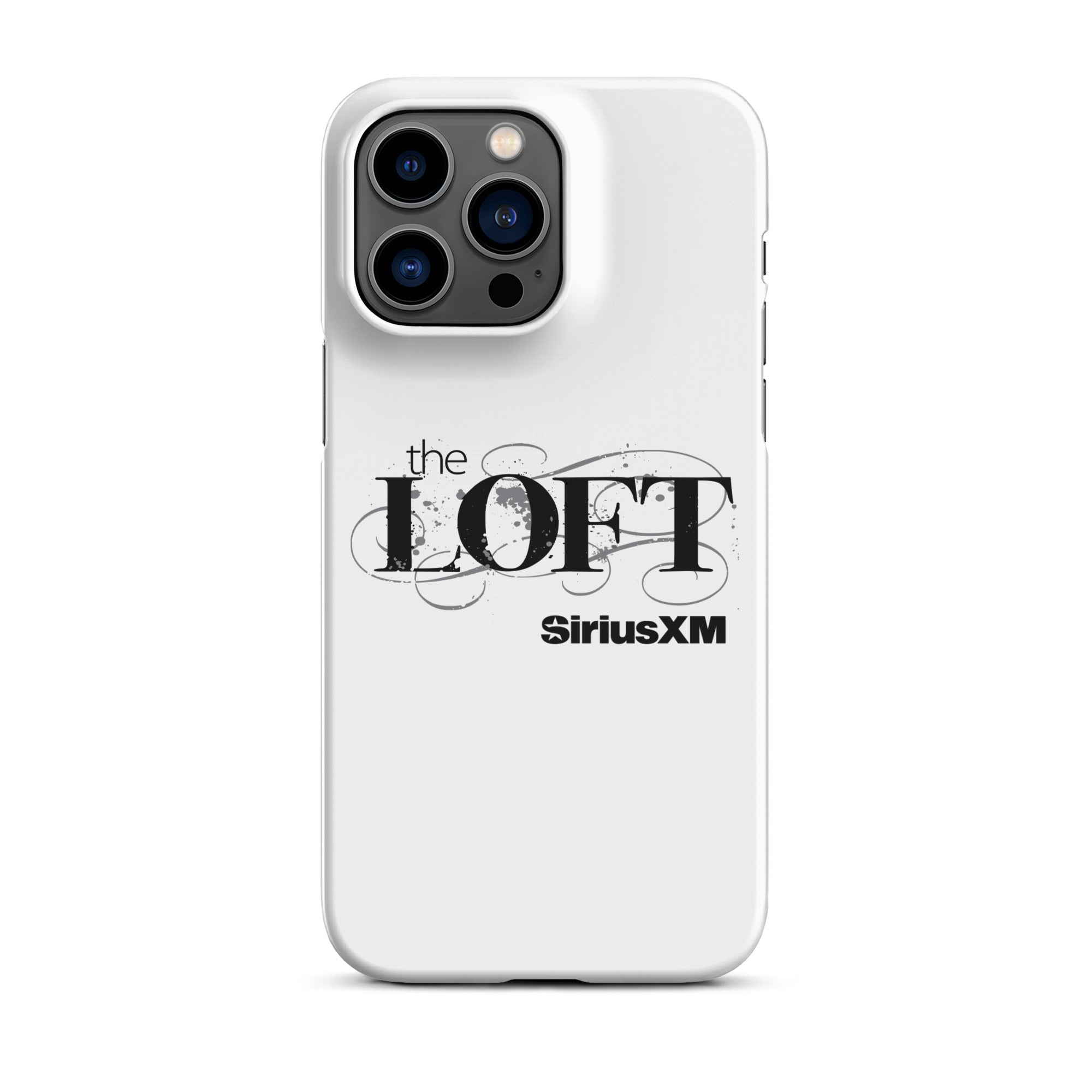 White phone case featuring 'the LOFT' and 'SiriusXM' logos in black text.
