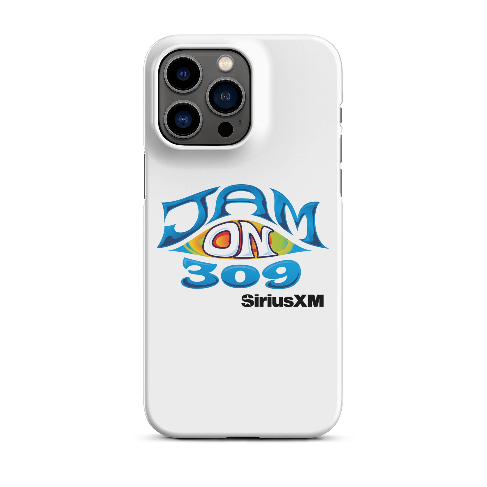 White phone case featuring the logo 'JAM ON 309' and 'SiriusXM' in colorful, stylized lettering.