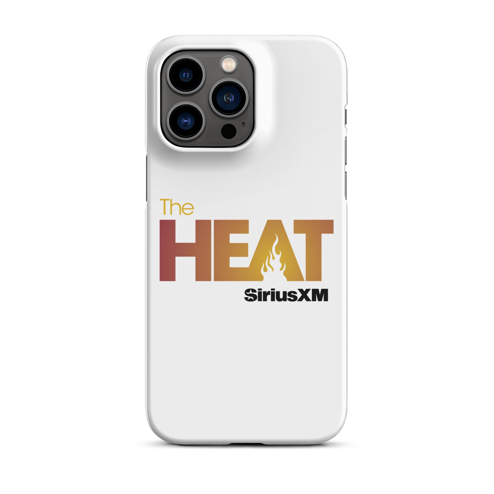White phone case featuring 'The HEAT' text with a flame design and 'SiriusXM' logo.