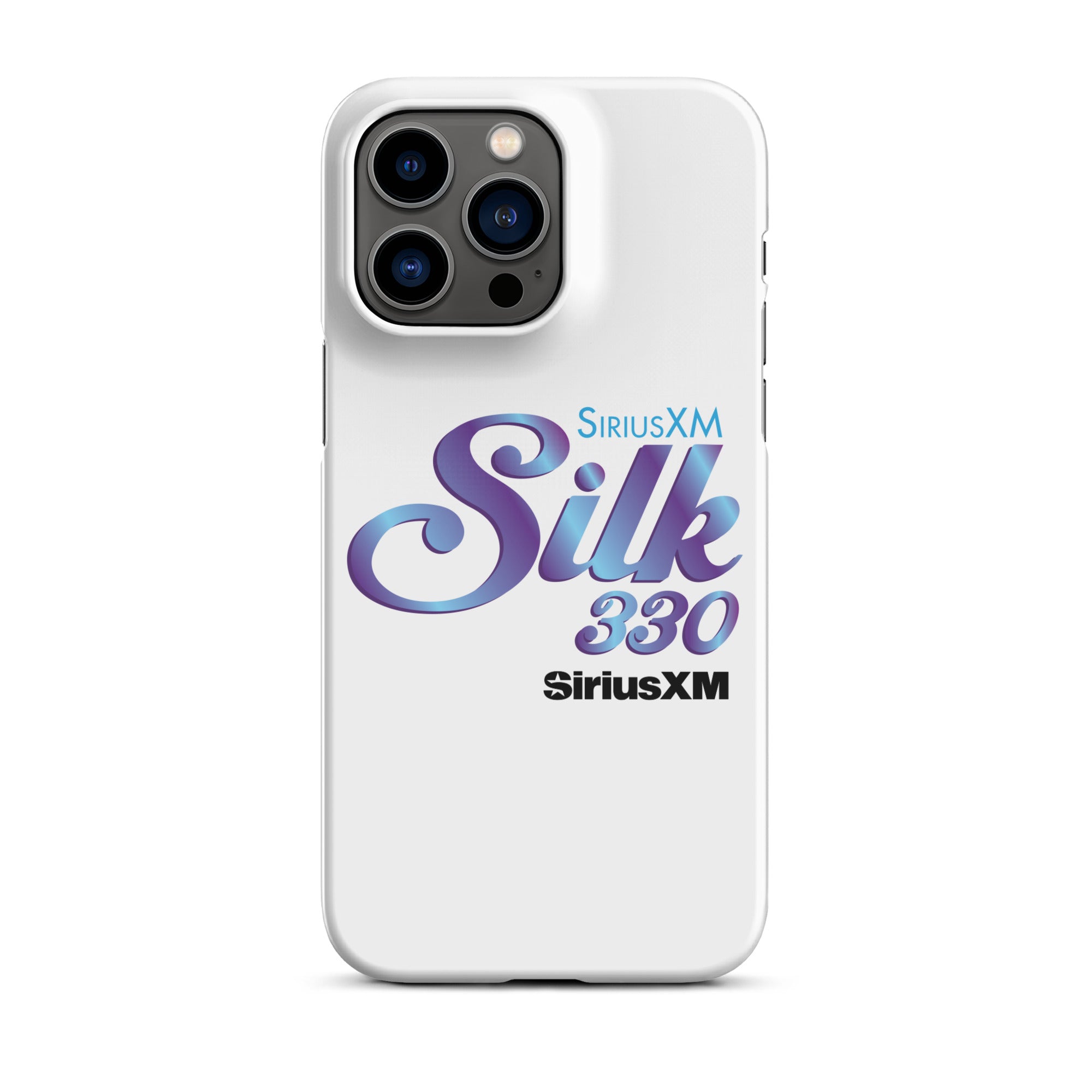 White smartphone case with 'SiriusXM Silk 330' logo in stylized purple and blue lettering and 'SiriusXM' branding.