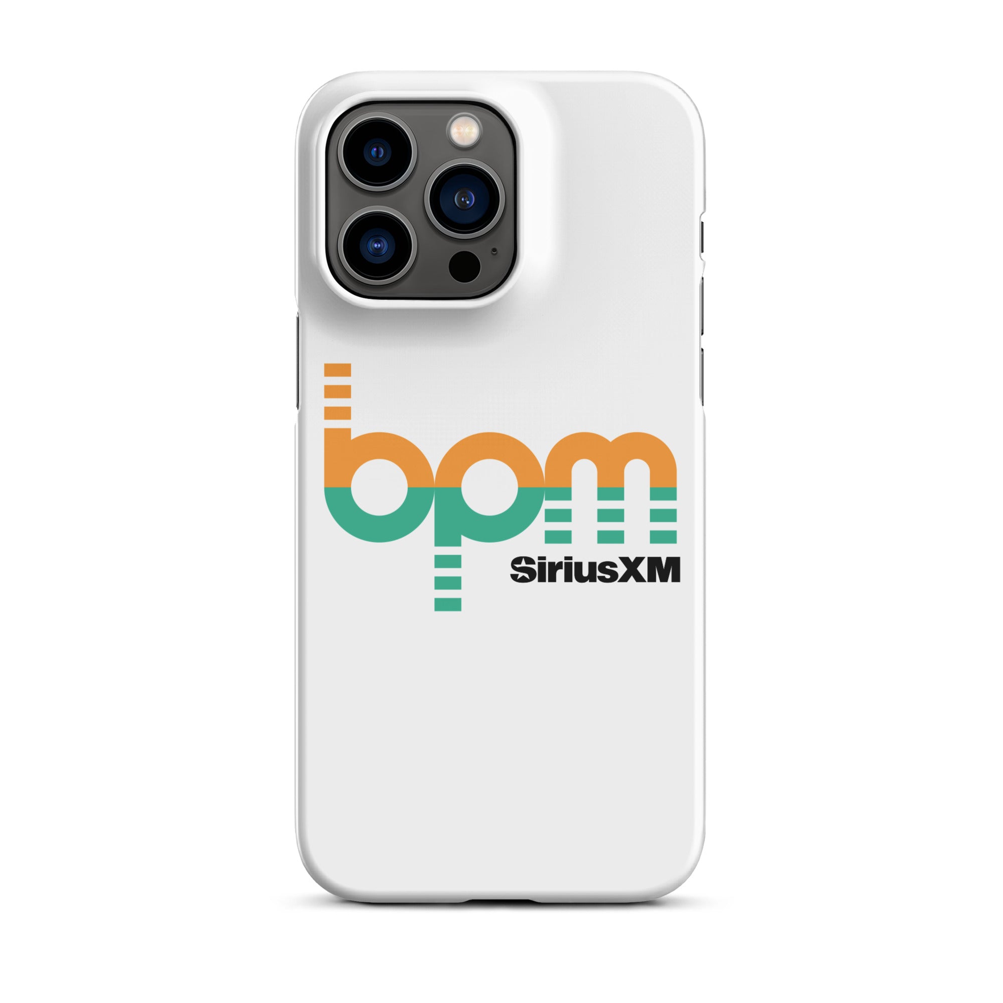 A white phone case featuring the 'BPM' logo in green and orange with 'SiriusXM' branding.