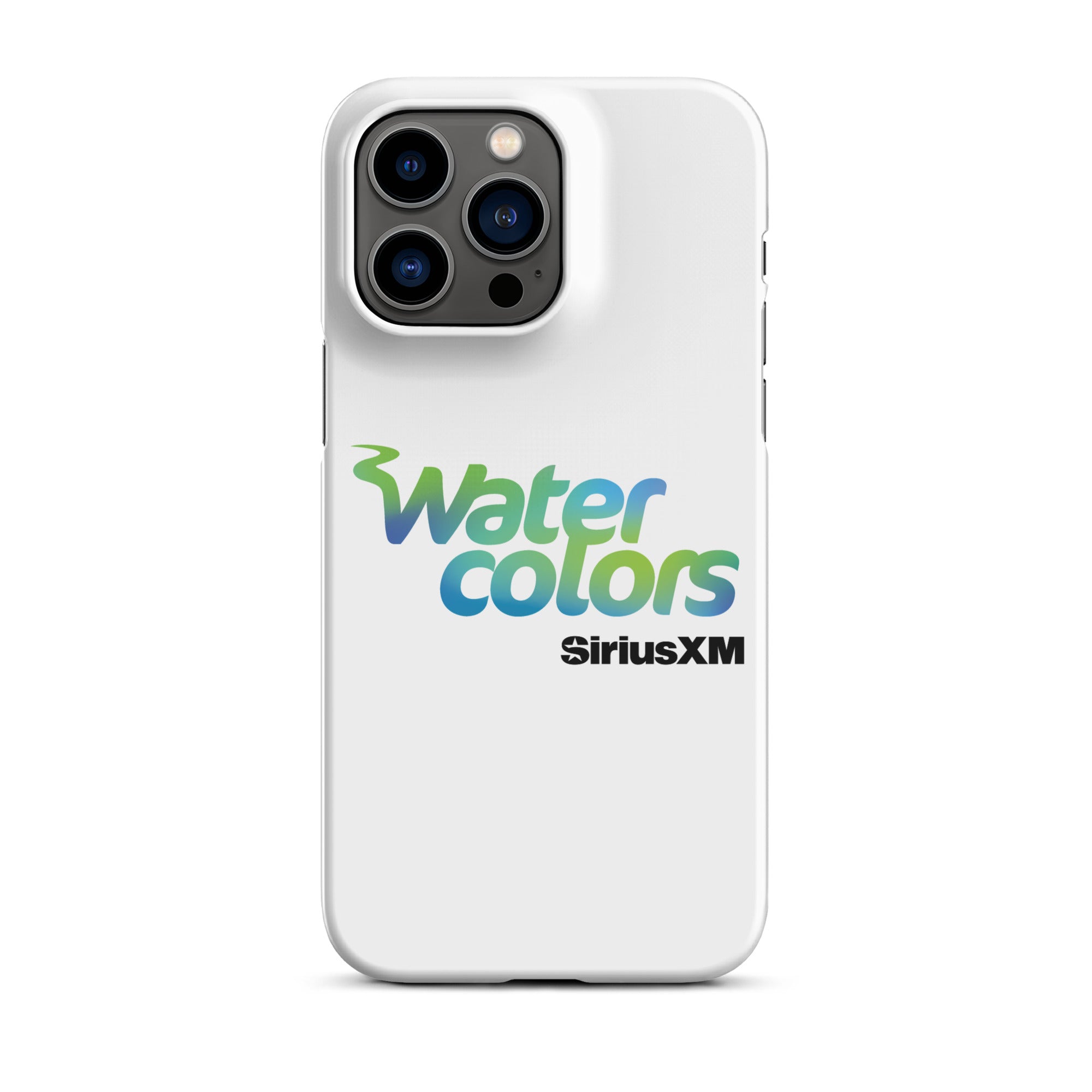 A white phone case featuring the 'Watercolors' logo and 'SiriusXM' branding.