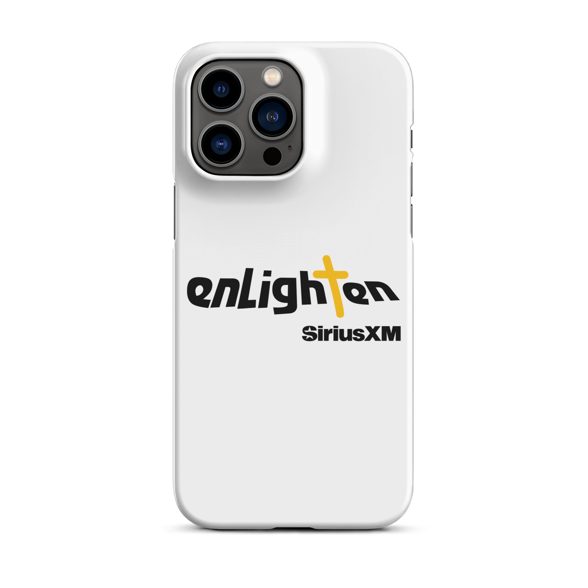 White phone case featuring the 'enLighten' logo with a cross and 'SiriusXM' text below.