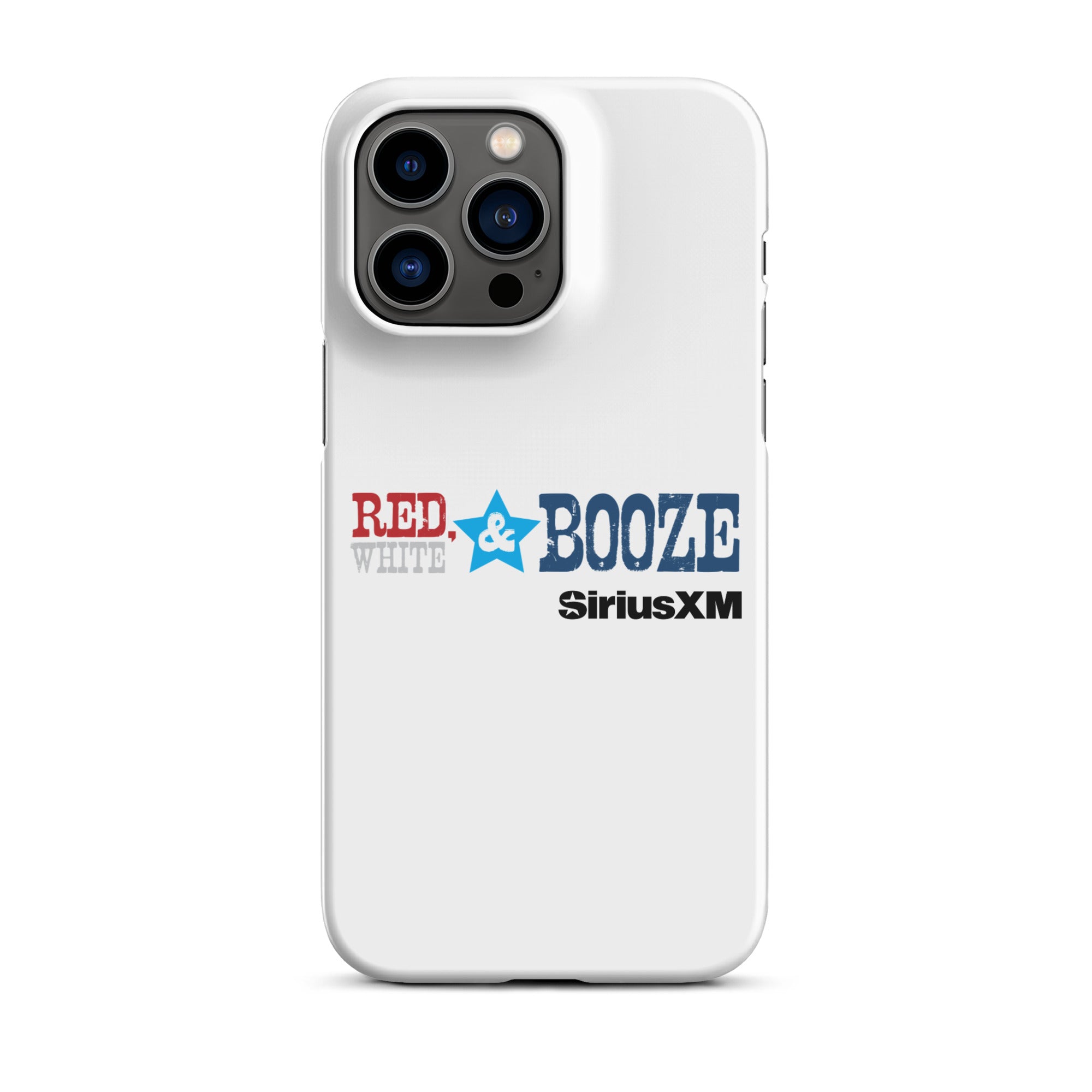 White phone case design with 'RED, WHITE & BOOZE' and 'SiriusXM' logos in red, blue, and black.