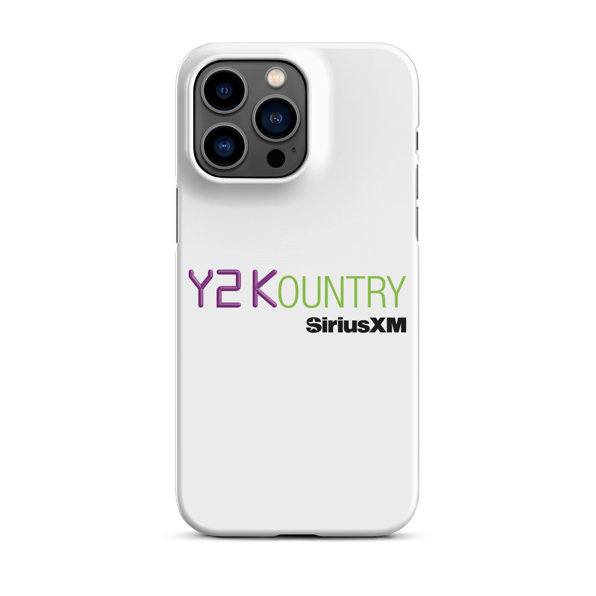 White phone case featuring the text 'Y2KOUNTRY' and 'SiriusXM' in purple and green.