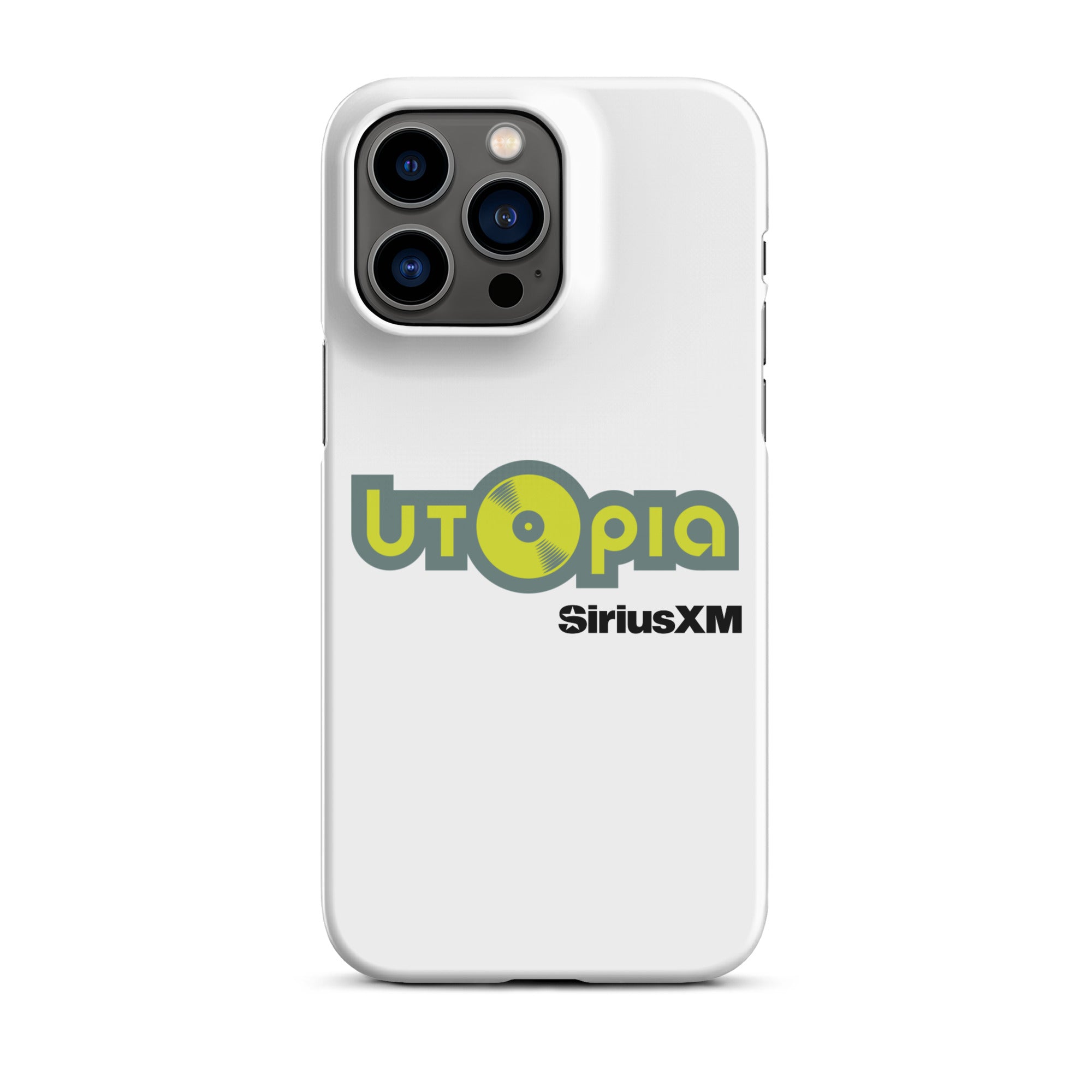 White phone case featuring the logo 'Utopia' with a vinyl record and 'SiriusXM' text.