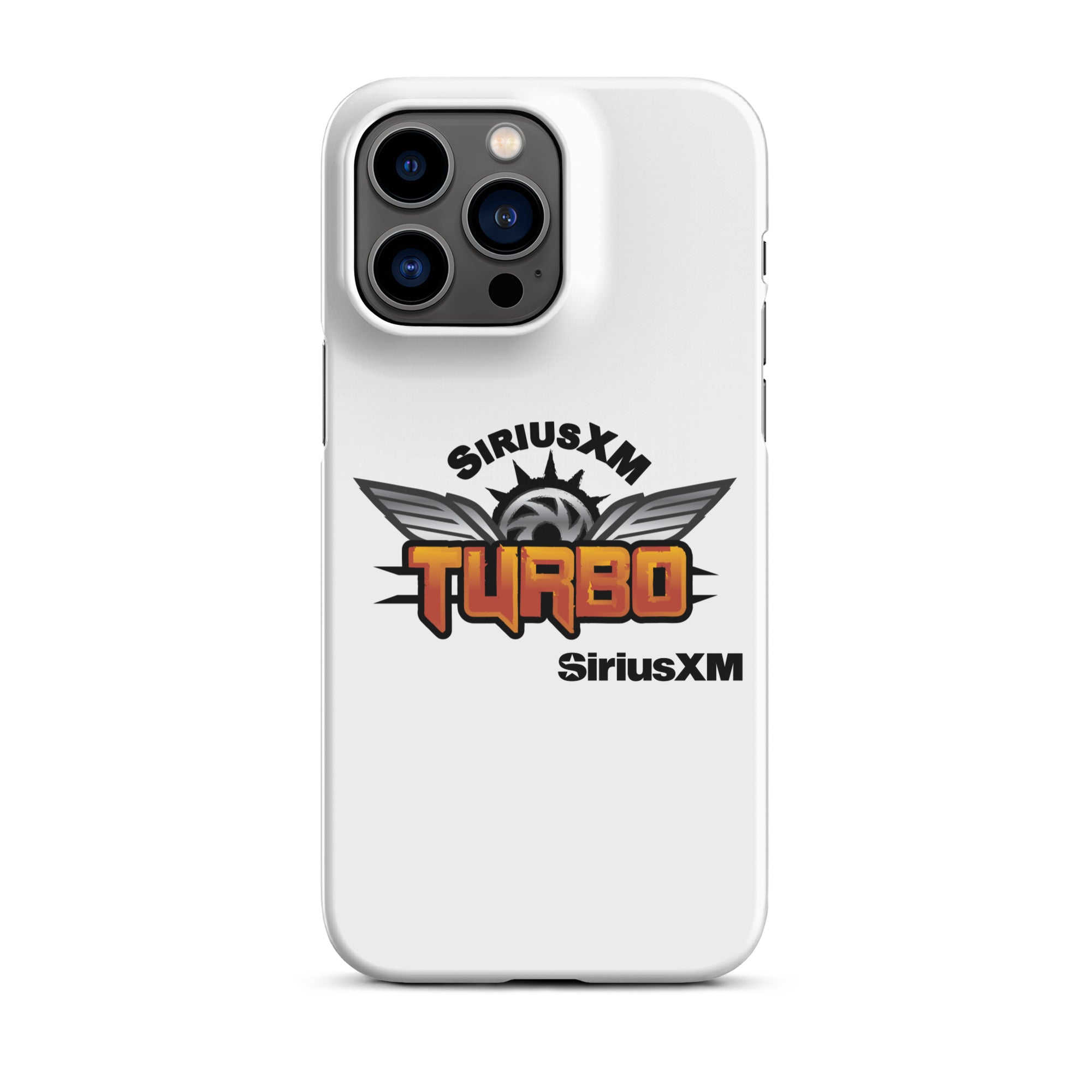 White phone case featuring the 'SiriusXM Turbo' logo in bold orange lettering with wings and 'SiriusXM' branding.
