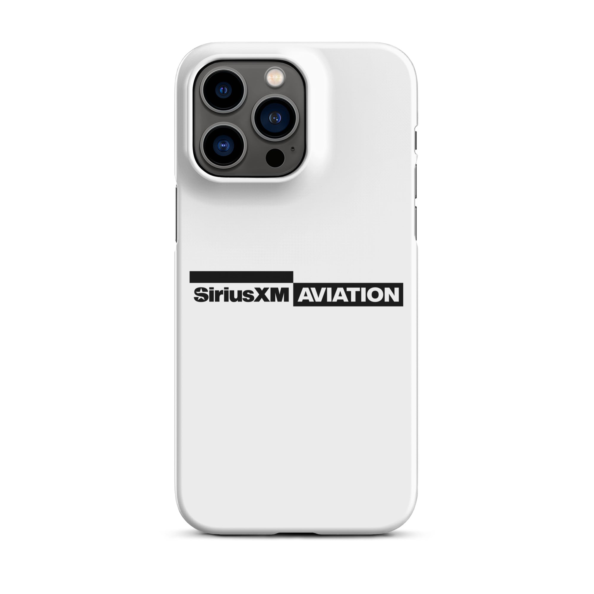White phone case featuring the SiriusXM Aviation logo in black.