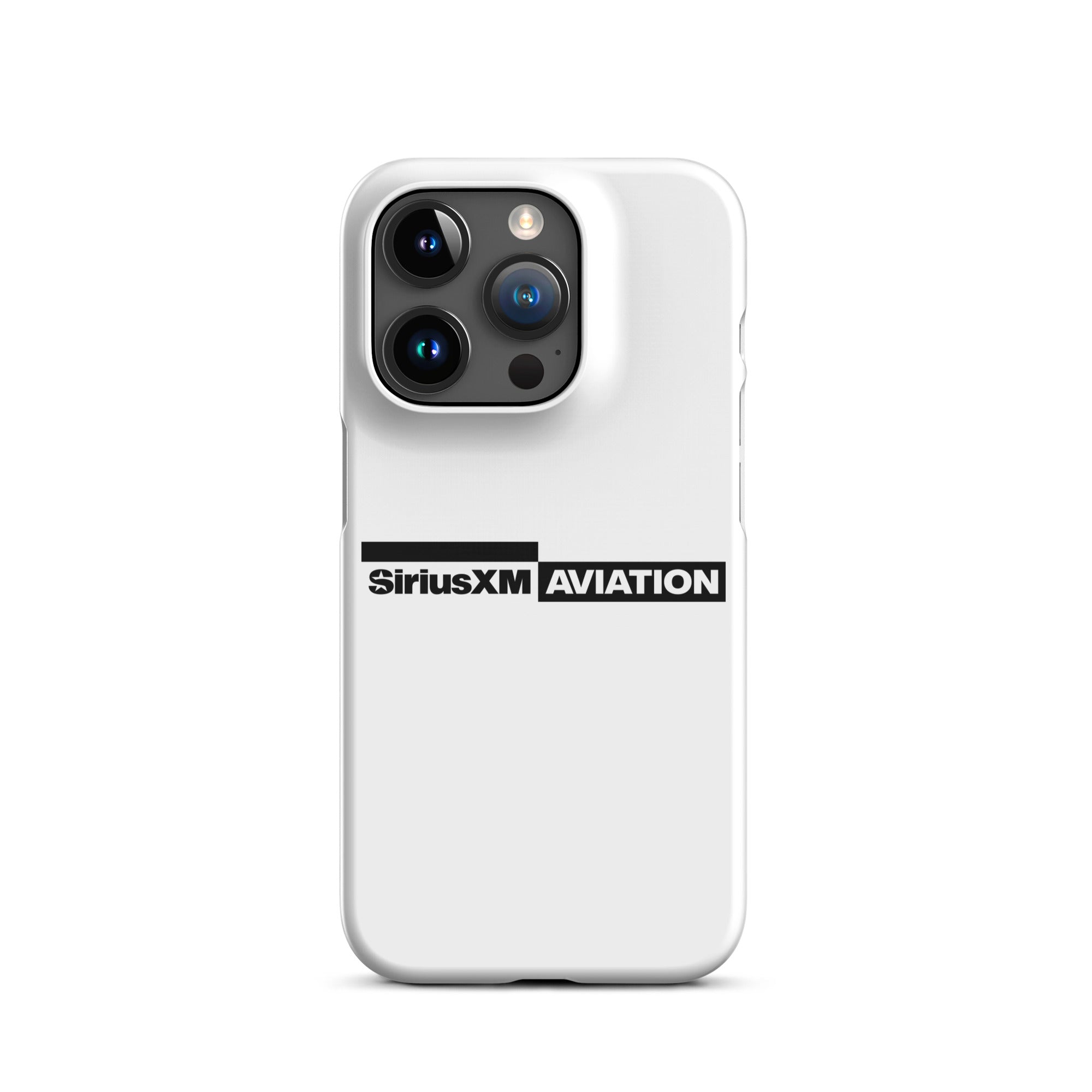White phone case featuring the SiriusXM Aviation logo in black.