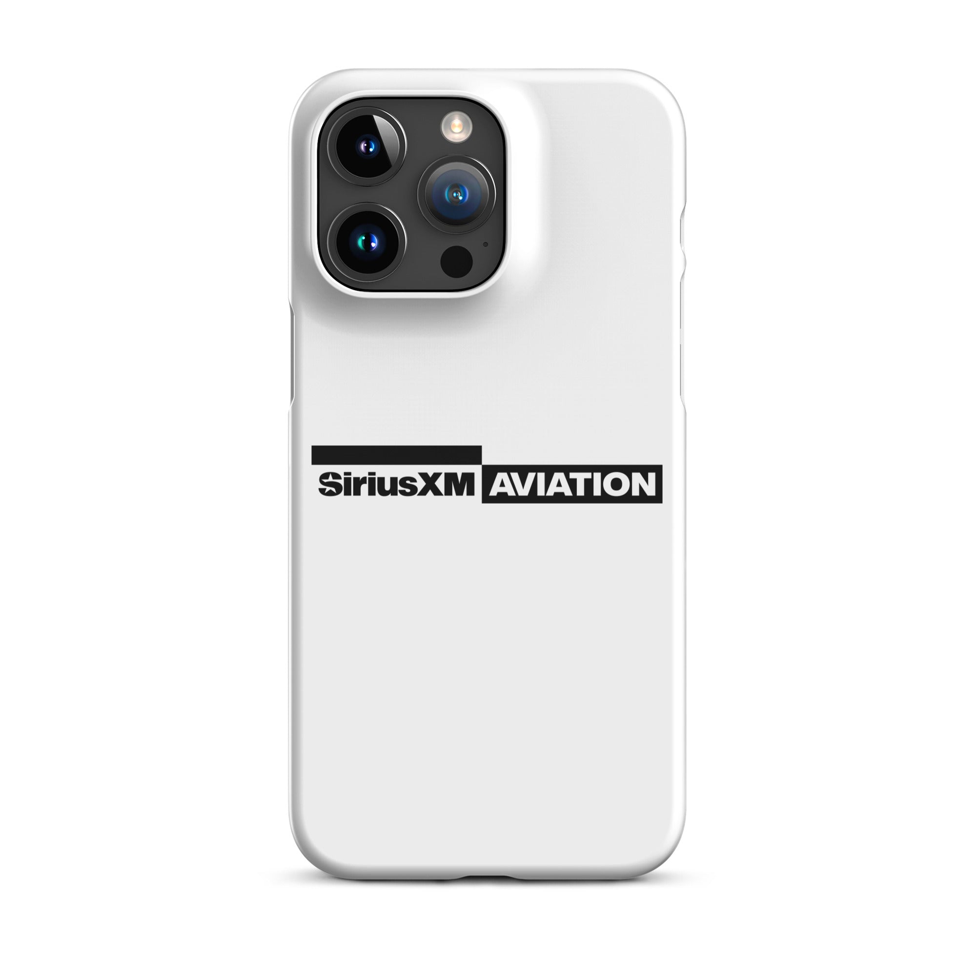 White phone case featuring the SiriusXM Aviation logo in black.