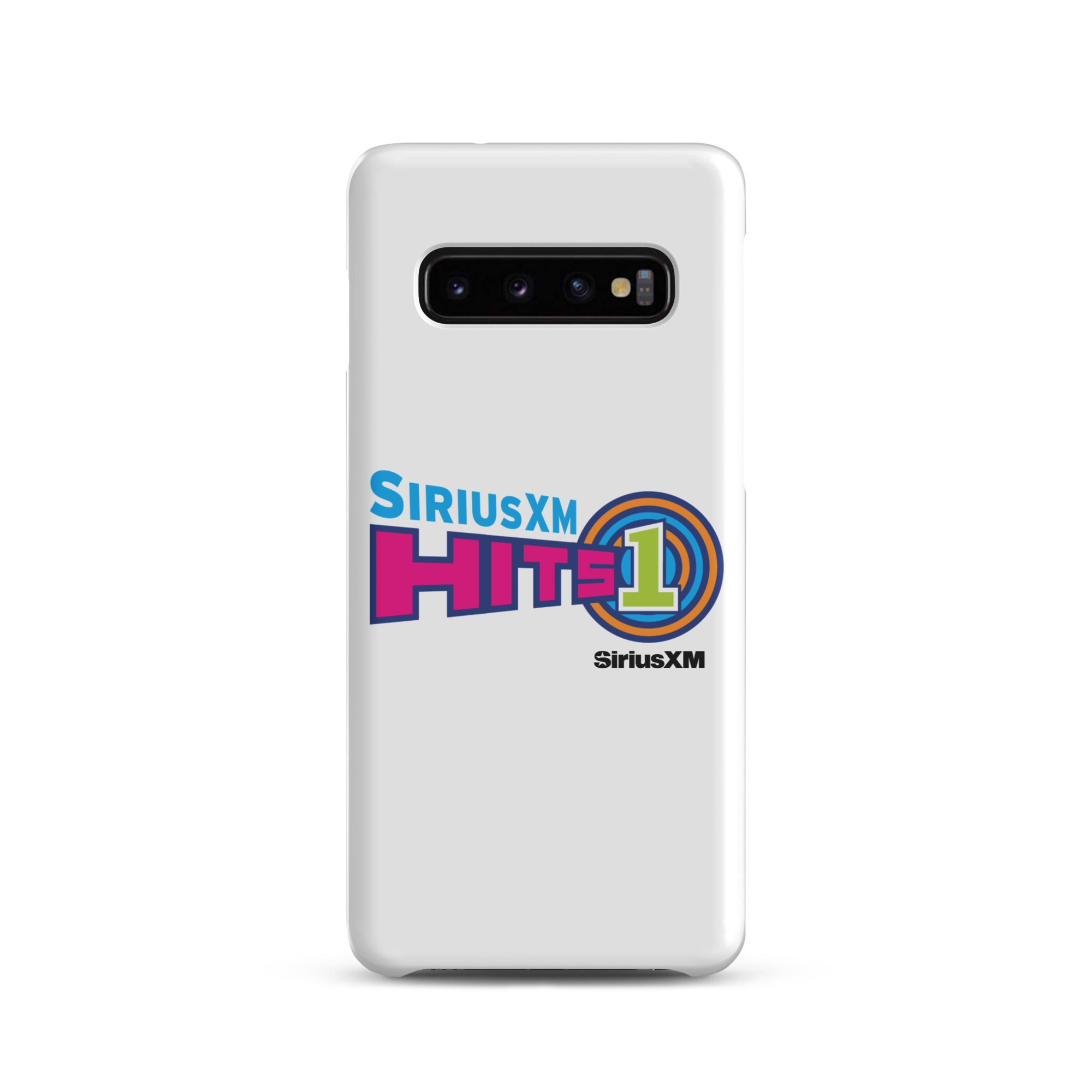 White phone case with 'SiriusXM Hits 1' logo, featuring colors pink, blue, and green design elements and 'SiriusXM' branding.