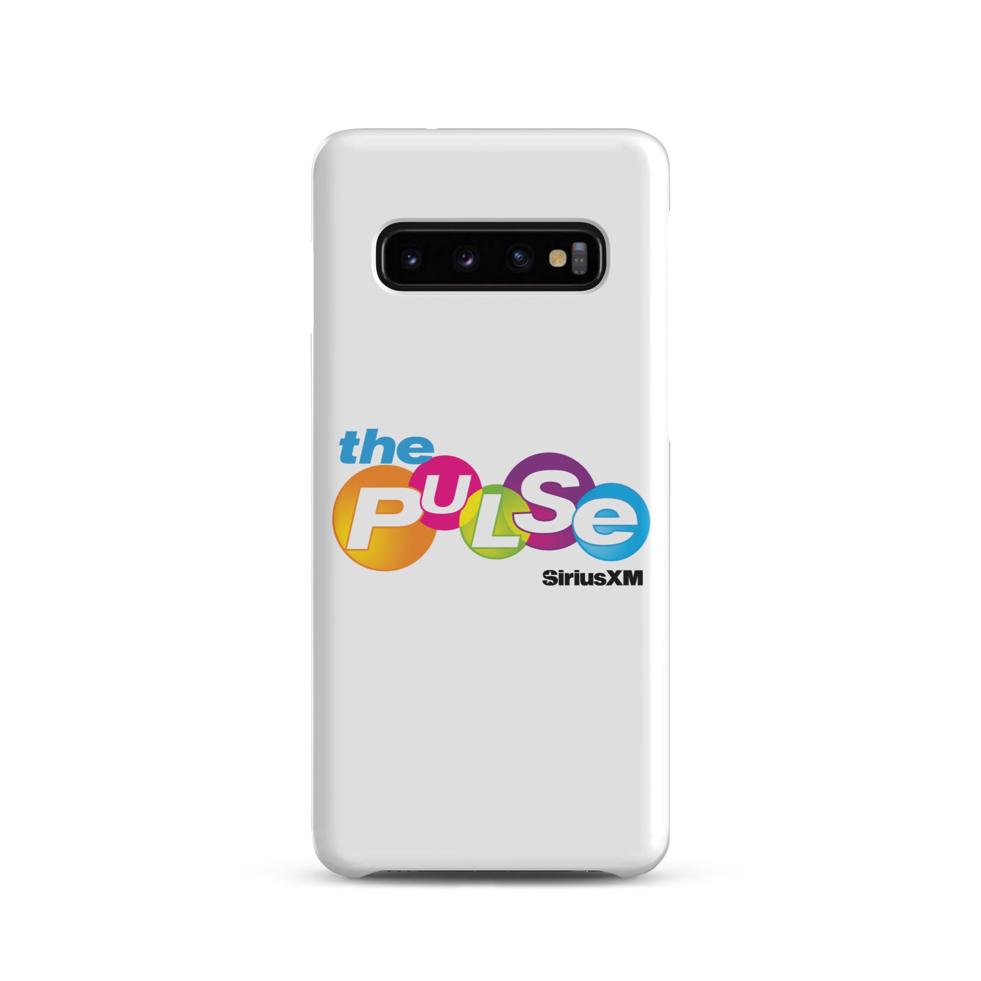A white phone case featuring the colorful logo 'the PULSe SiriusXM.'