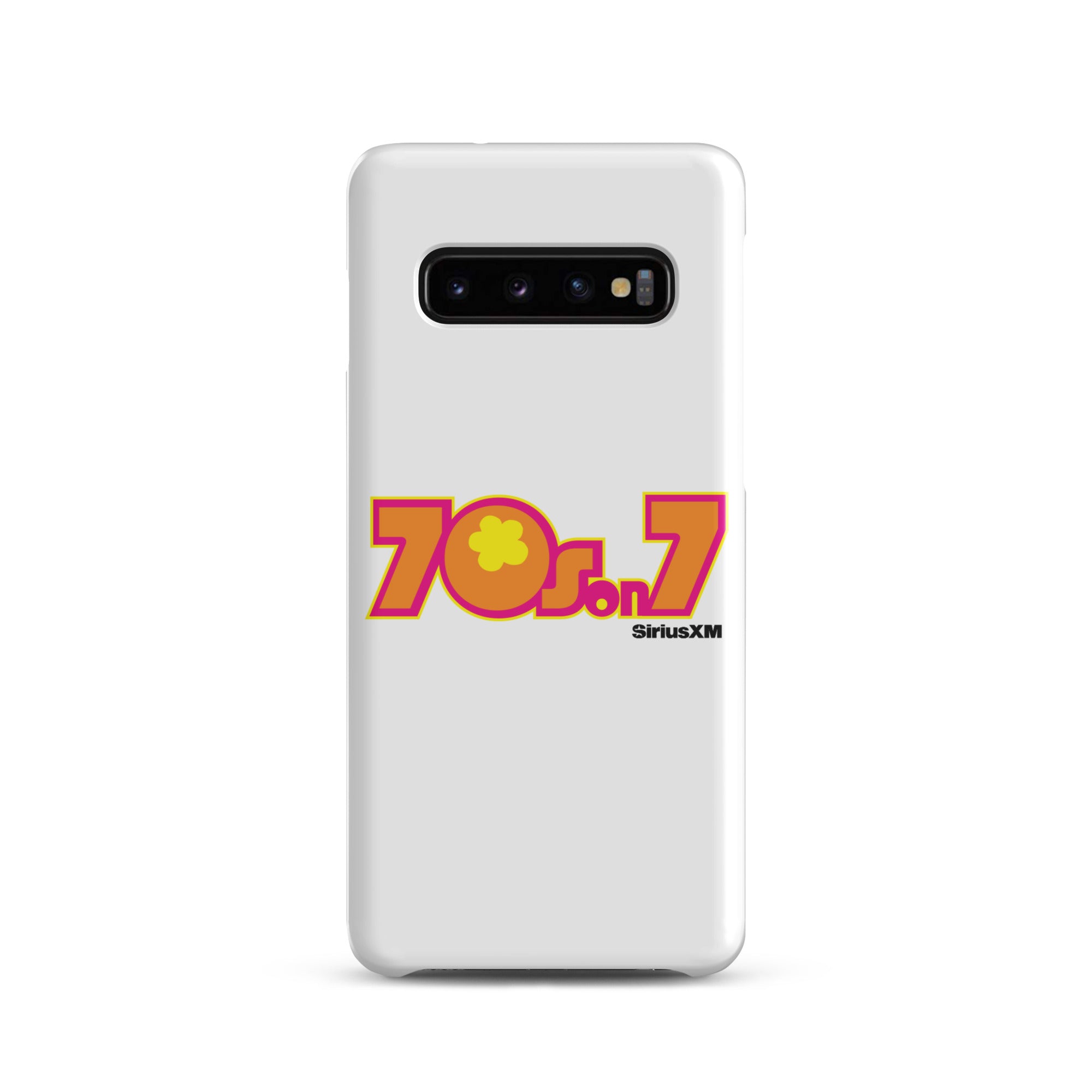 White phone case featuring '70s on 7' logo with colorful orange design and 'SiriusXM' branding.
