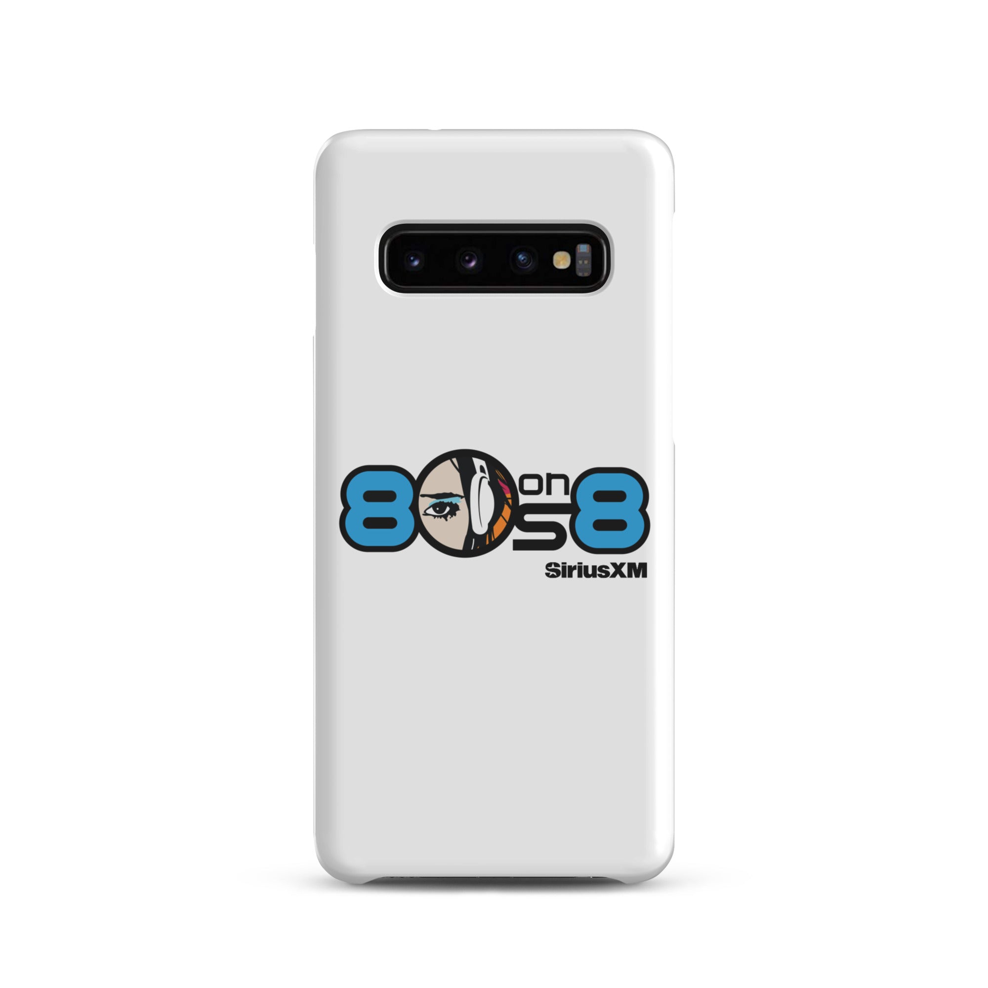White phone case featuring the '80s on 8 SiriusXM' logo with a stylized face and headphones design.