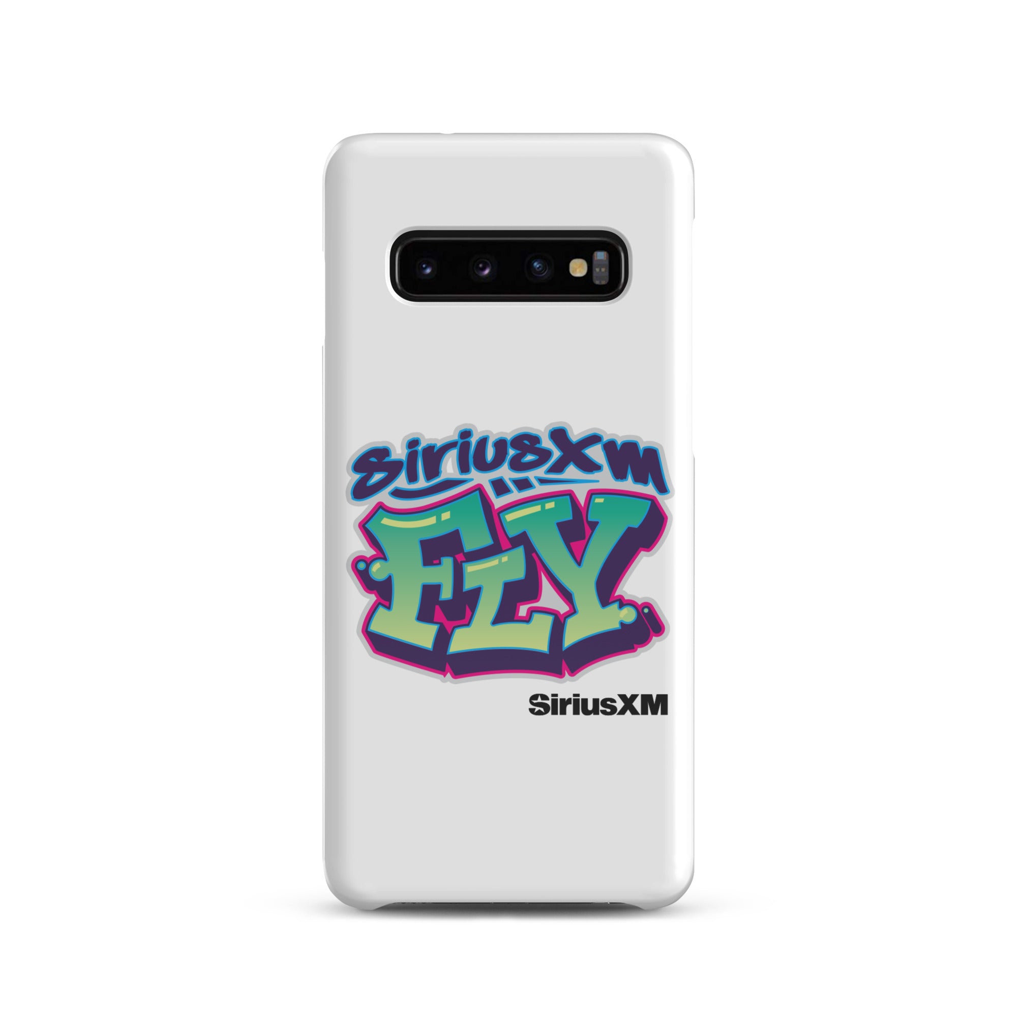White phone case featuring colorful graffiti-style 'SiriusXM FLY' logo and 'SiriusXM' branding in black.