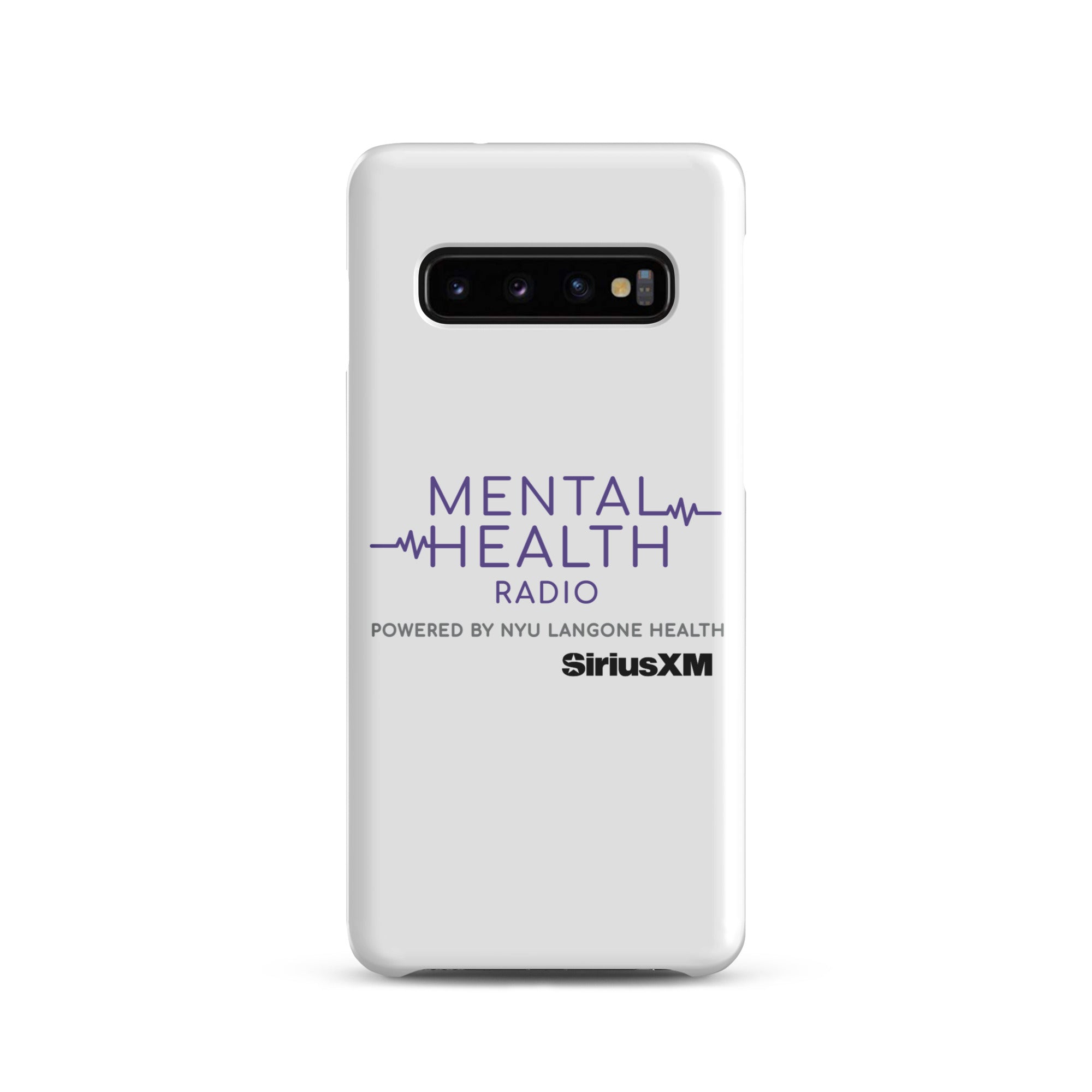 White phone case featuring 'MENTAL HEALTH RADIO powered by NYU Langone Health' logo and 'SiriusXM' branding.
